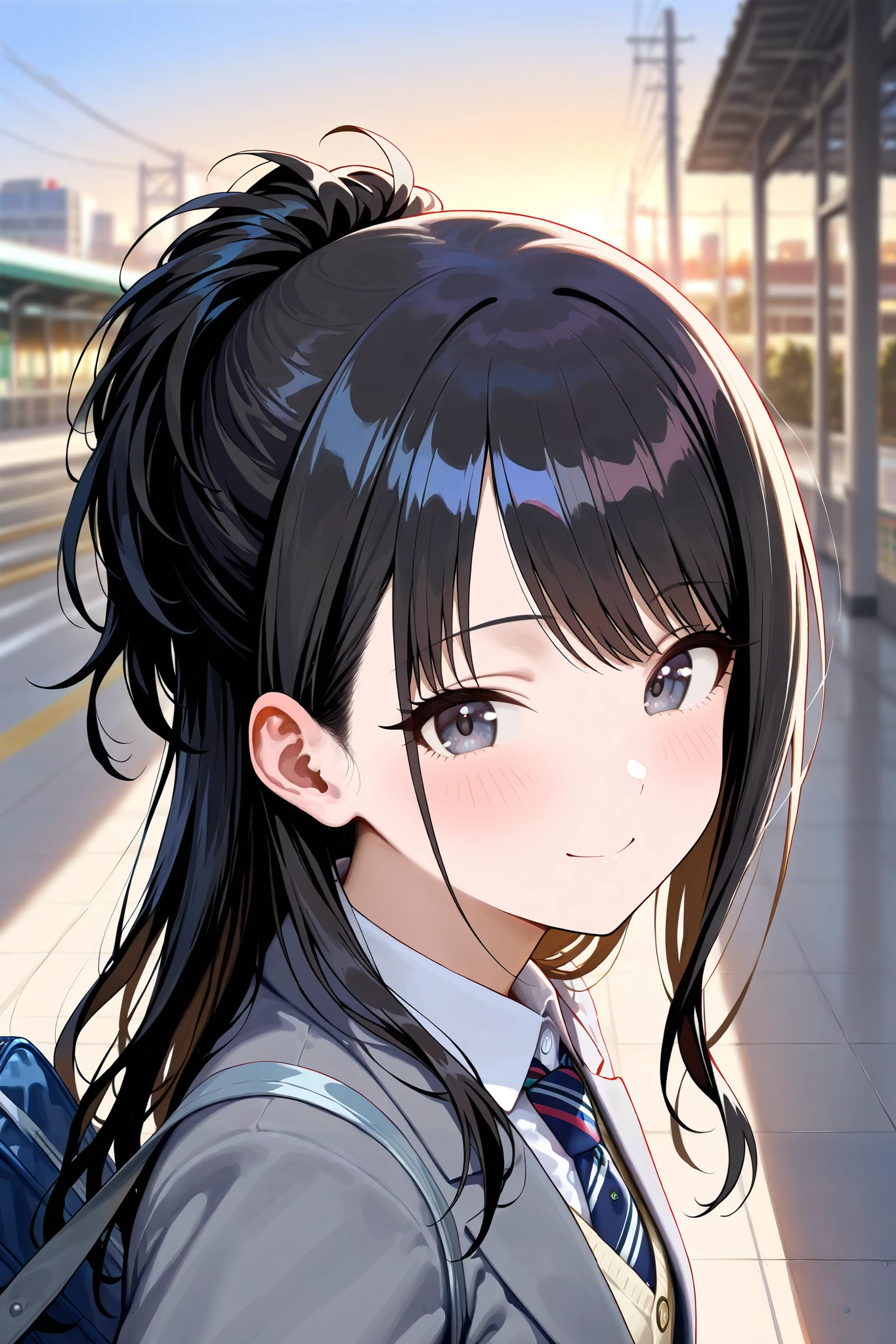 (masterpiece), (Highest quality), (Very detailed), (The best shape), (Best Shadow), (Absurd), (Detailed Background), (so beautiful), Shiny, Beautiful eyes in every detail, Extraordinary, Countershading, 8k, 32K, High resolution, Very Detailed CG ,

Score_9, Score_8_up, Score_7_up, Source_anime, 
(Pastel painting:1.2), (Watercolor painting:1.2),
(Masterpiece, Detailed:1.2), (Foreshortening:1.2),

Cinematic, Dramatic, (depth of field:1.4),
(blurry background:1.4), (Realistic background:1.4), dynamic angle, from side,
1girl, solo, 
Japan, Big city station, Platform, evening,

Kazano Hiori, 
the idolmaster shiny colors,
hiori kazano, ponytail, black hair, black eyes,

(school uniform:1.3), school bag,
White collar, tie, black tie, Stripes tie, gray tie,
(cardigan:0.9), Inner cardigan, linen cardigan,
blazer, (gray blazer:1.2), long sleeves blazer, (Button-up her blazer:1.5), (buttoned all the way up:1.4),
skirt, closed jacket, plaids skirt, black skirt,

(Blush:1.2),
portrait,
looking back,
focus on face,
looking at viewer,
smile, happy, 
Wave her hand slightly,
Realistic skin,
Shiny skin,