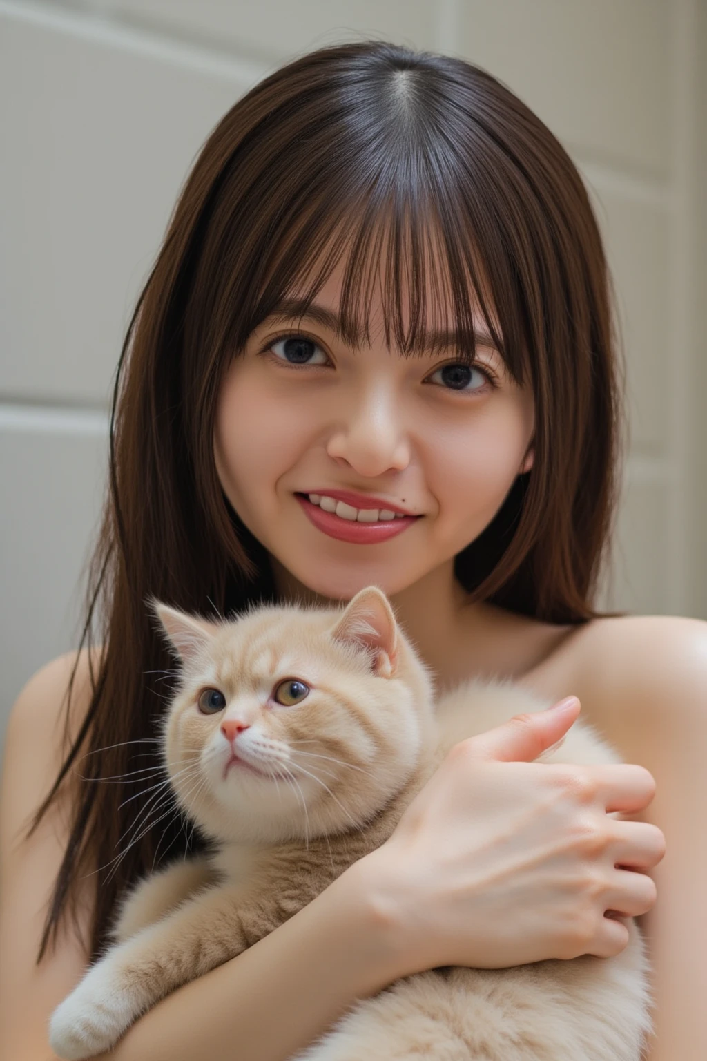 (8k,RAW Photos,Highest quality,masterpiece:1.8),(Realistic),1man and 1girl,(Completely naked,nude:1.8),small胸,(Thin arms),(Flat Chest:1.4),(Embarrassed expression:1.4),(smile:1.6),(wavy mouth :1.6),(white teeth:1.4),Lots of eyelashes,Add shine to your eyelids,skeletally correct,(Glowing Skin:1.6),(NSFW :1.8),(Holding the cat:1.6),(Pale skin:1.8),(small:1.8),(child:1.4),(10 years old:1.8),(Hairless:1.4)