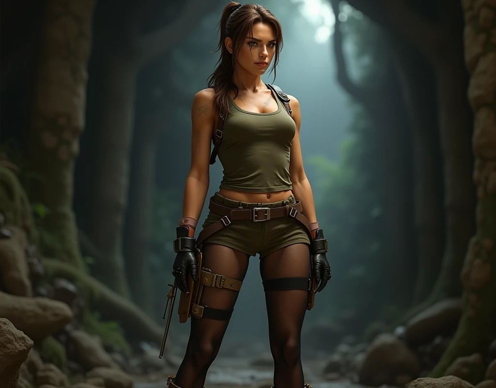 full body lara croft, long brown ponytail, brown eyes, high arched eyebrows, red lips, large breast leather pants, filter sleeveless torn t-shirt deep leather boots in jungle, (Realistic,photoRealistic, photo-Realistic:1.37),Horror, dark and gloomy atmosphere with dramatic lighting, Vivid colors, Foggy surroundings, the trees, covered with moss, detailed facial expression, long wavy hair floats in the water, Reflections on the surface of the water, Eerie fog