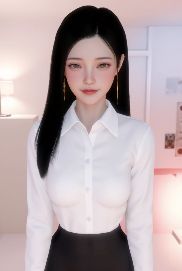 best quality, ultra high res, (photorealistic:1.4), 1girl, button shirt, black skirt, school, dark brown hair, breasts, (black hair:1.2), looking at viewer, (highly detailed face:1.1),,  (PureErosFace_V1:0.8),tiktok,