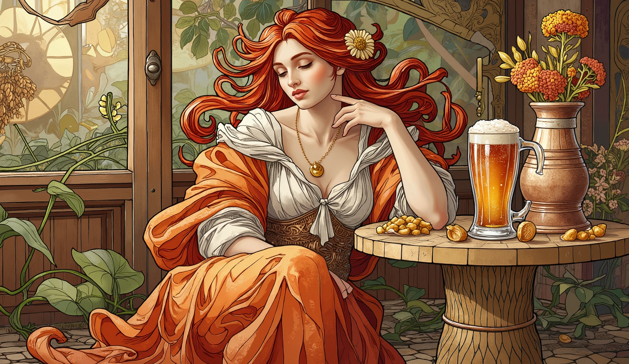 cerveja artesanal avermelhada, ninkasi, a deusa da cerveja, lúpulo, malte, cevada, intricate,detailed,masterpiece,8k,hyperrealistic,award winning,professional,highly detailed,studio lighting,physically-based rendering,vivid colors,cinematic,dramatic lighting,moody atmosphere,warm tones,copper,amber,golden,cozy,traditional brewery,copper brewing equipment,wooden barrels,glass beer mug,frothy amber liquid,malt grains,hop flowers,goddess ninkasi,smiling serene expression,flowing robes,ancient greek goddess,lush greenery,sunrays,bokeh