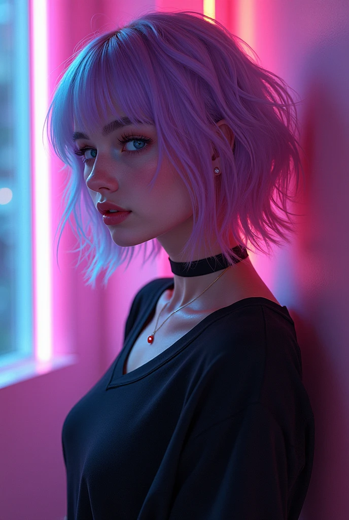 "A digital art of a young woman with a melancholic expression, shown from the back and side, wearing a loose off-shoulder top that reveals her bare shoulders. She has shoulder-length, straight, lilac hair that glows softly, and her eyes reflect a subtle light. The background is dimly lit, with a hint of a neon purple light creating a soft glow around her silhouette. The scene is slightly futuristic, with an abstract design on the wall behind her, adding to the overall moody and contemplative atmosphere. The color palette mainly consists of cool purples and pinks, giving the image a dreamy and slightly ethereal feel."