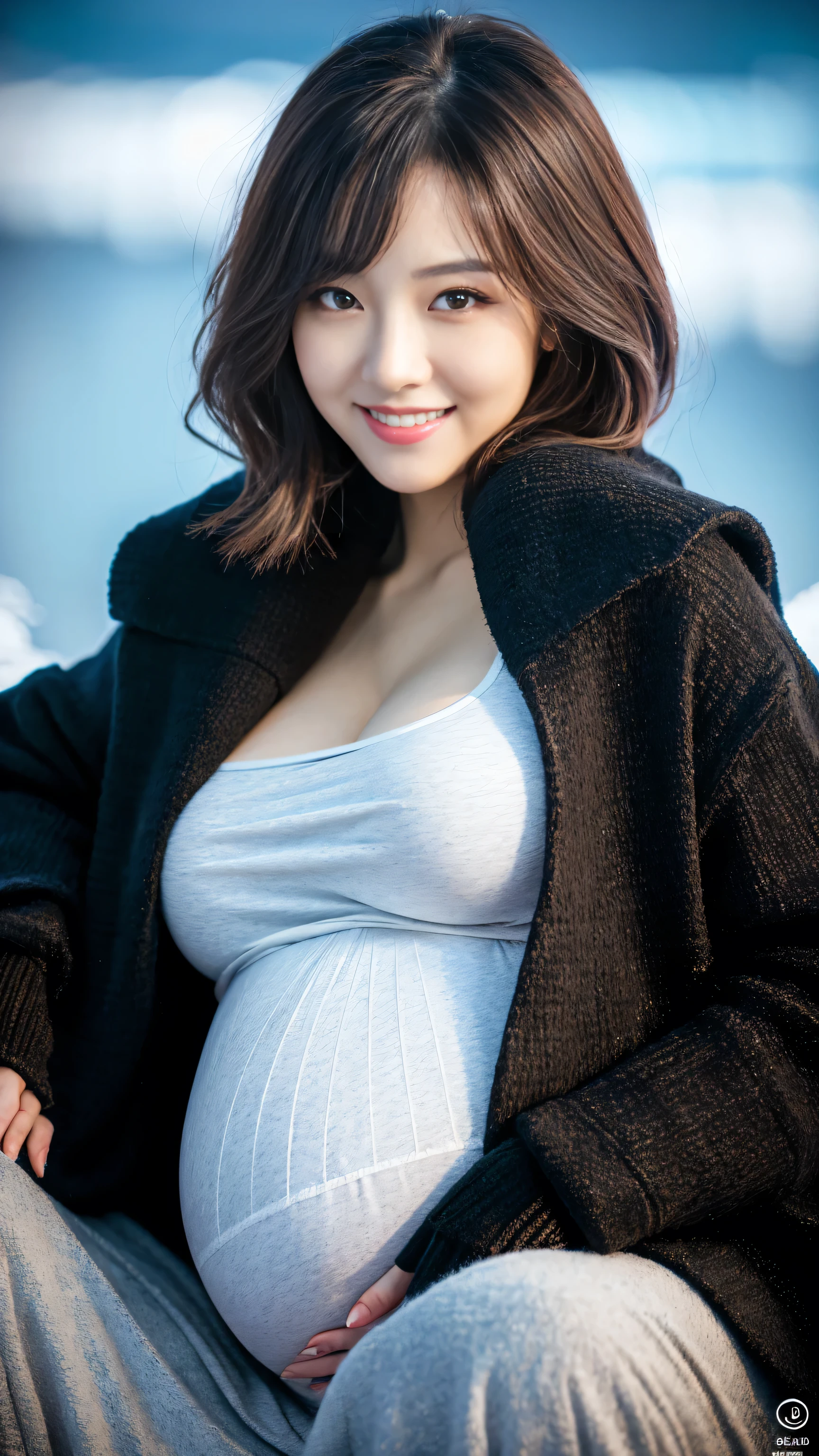 (masutepiece,High quality,16k:1.1),(depth of fields:1.3) ,((front body:1.35)), Japanese ,Woman, Beanie , Long Sleeve U neck T-shirt Maxi (((Tight))) Dress, huge breasts, (huge pregnant:1.3), voluptuous, thicc, curvy,(Looking at Viewer:1.3),(full body shot:1.2),snowy landscape,(It's snowing:1.2),(Beautiful night view of Japan Tokyo town:1.2)