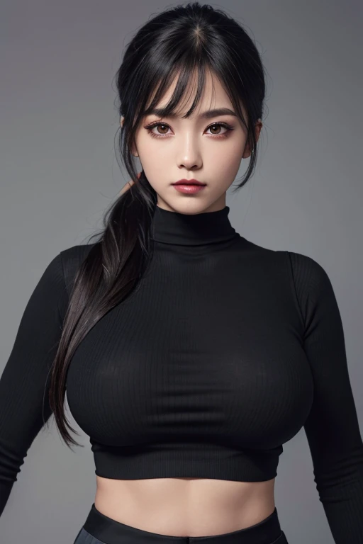 adult plump woman,dark black hair,27 years old,make up,(fair skin,thick upperarms:1.3),close up,crewneck gray shirt,from side, sleeveless