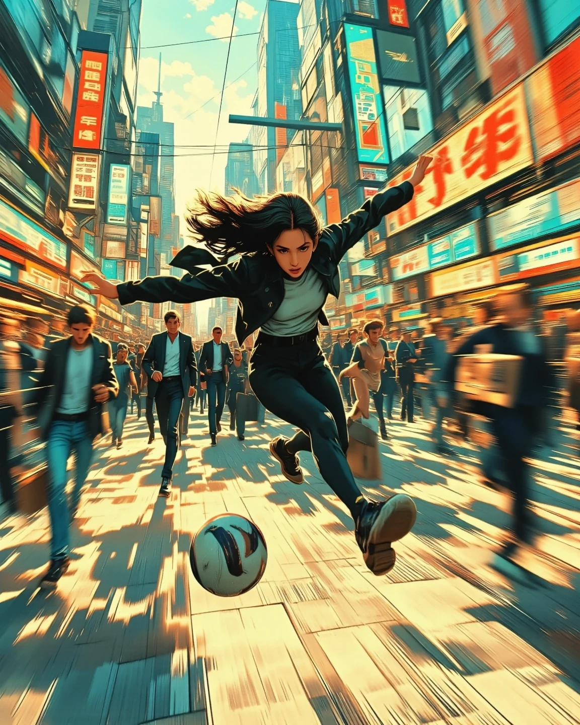 A dodgeball grazing the body, dodging dodgeball like in Matrix bullet time effect, A character that leans back to dodge dodgeballs like the bullet time effect in The Matrix. (Matrix bullet time effect), bullet time dodge, comical style character, city setting, 1970's Scandinavian vibe, (masterpiece, best quality:1.2) 