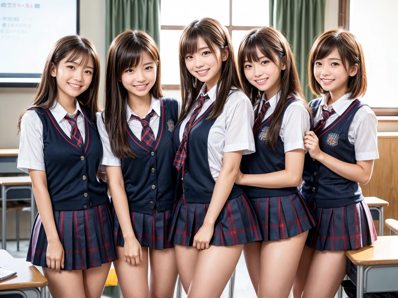 ((top-quality、masutepiece、8K、Top image quality))、Highly saturated、(Group photo of 40 women:2)、(40 high school girls taking a group photo in the classroom:2)、(Wearing only bra and panties:1.5)、((The happiest smile、Biggest smile、Show your teeth and smile、View me))、The background is a school classroom、(lipsticks、Perfect makeup、long eyelashes、waved hair)、large full breasts、(accurate anatomy:1.3)、ultra detailed beautiful face、perfect hair、(Very bright lighting:1.3)、opening legs widely