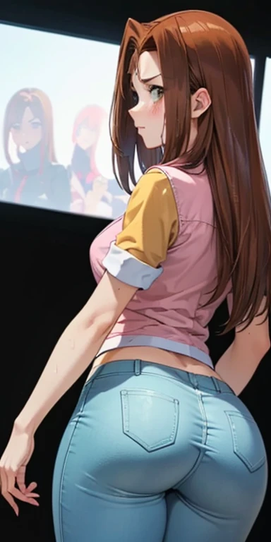 One girl, alone, Soryu Asuka Langley, From behind,
Orange Hair, Long Hair,
Tsurime, blue eyes, Long eyelashes, Thick eyelashes, View your viewers,
Red y Lingerie Tokyo 3 Middle , White shirt, Short sleeve, skirt, blue skirt, Blue clothes,
Outdoor, stage,