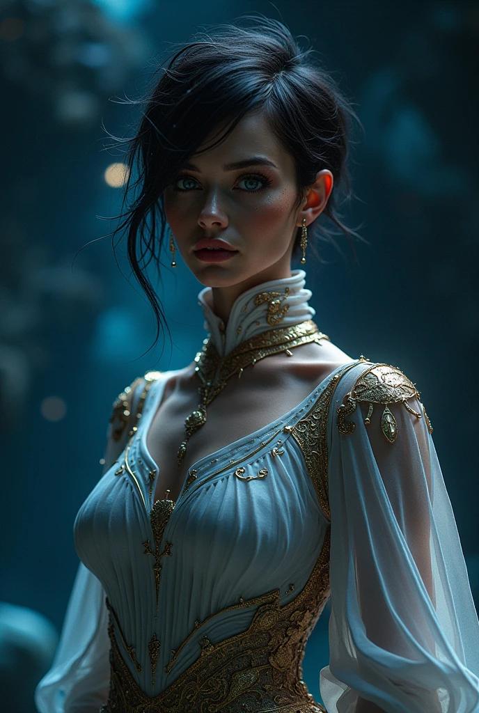 A beautiful fallen angel, a Colombian woman with light skin, green eyes, and short shoulder-length black hair, wearing a white dress and a black leather jacket, (best quality,4k,8k,highres,masterpiece:1.2),ultra-detailed,(realistic,photorealistic,photo-realistic:1.37),HDR,UHD,studio lighting,ultra-fine painting,sharp focus,physically-based rendering,extreme detail description,professional,vivid colors,bokeh,detailed facial features,beautiful detailed eyes,beautiful detailed lips,extremely detailed eyes and face,long eyelashes,elegant,dramatic,cinematic lighting,chiaroscuro,moody,dark fantasy,dramatic pose,dynamic composition