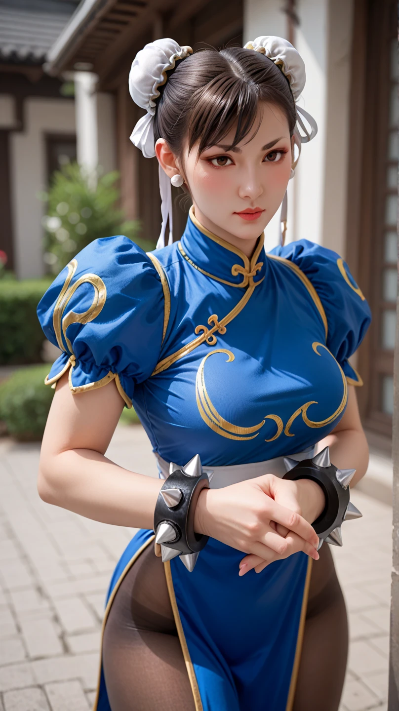 Chun-Li from Street Fight II,The perfect Chun-Li costume,Blue Chinese dress with gold lines,Bun Head,Good cover,Fighting Pose,masterpiece、1 beautiful girl、Fine Eyes、Puffy eyes、highest quality, 超High resolution, (reality: 1.4), Cinema Lighting、Japanese、Asian Beauty、Korean、so beautiful、Beautiful Skin、Body facing forward、Face close-up、(超reality的な)、(High resolution)、(8k)、(Very detailed)、(美しくFine Eyes)、(Very detailed)、 (wall-)、Detailed face、Bright lighting、Professional Lighting、Looking at the audience、Look straight ahead、Diagonal bangs、Nogizaka Idol、Korean Idol、masterpiece, highest quality, masterpiece, highest quality, Perfect Face, Perfect brown eyes with white sclera, Bad move -5, alone, 1 girl, Upper Body, Brown Hair, From SF2, Chinese Language Services, smile, Muscular woman, Blue clothes, pantyhose, Pelvic Curtain, Puff short sleeves, Good cover, sash, evaluation:safety