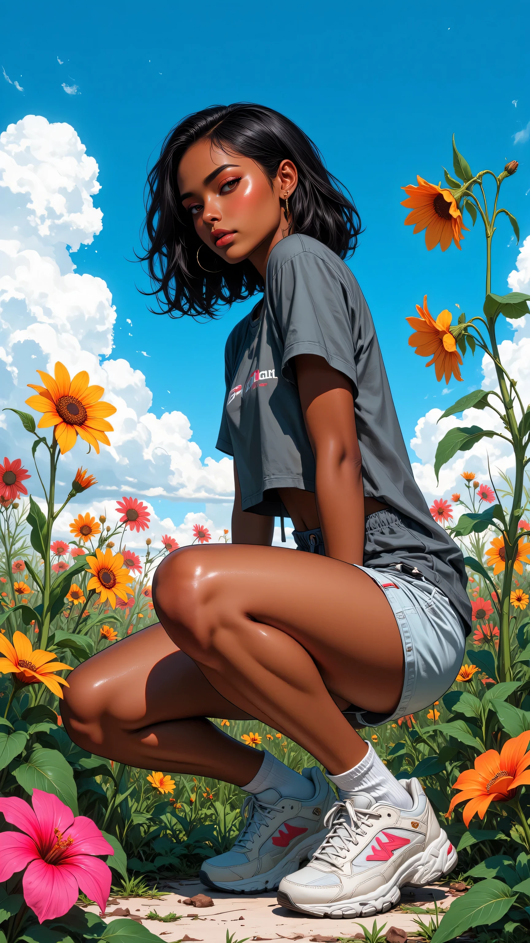 8k, Masterpiece, Top Quality, Low angle, woman, confident, dark skin, short hair, gray top, short shorts, squatting pose, sneakers, vibrant, cartoonish flowers, playful plants, blue sky, clouds, bold outlines, bright colors, dynamic, energetic.