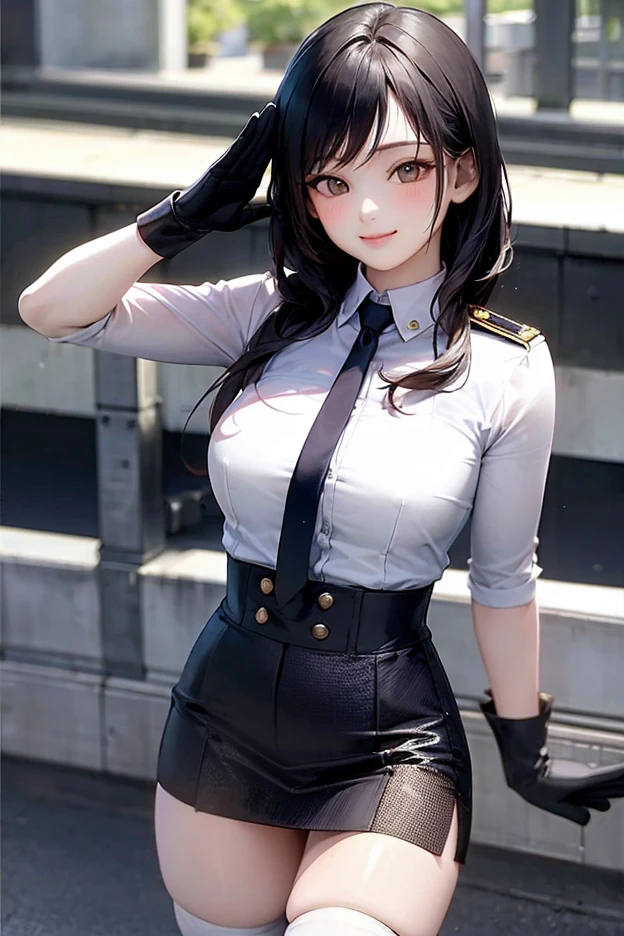 Female police officer uniform, Light blue short sleeve shirt, Navy tie,Ass from the back, panty shot, High Waist Mini Skirt,Panties dig into the buttocks, holster, White gloves, Police hat, handcuffs, Absurd, RAW Photos, Very delicate and beautiful, masterpiece, highest quality, Ultra-high resolution, 32k, Surreal, Super detailed, Milky skin, 20-year-old, Earrings, Wavy Hair, Full Body Shot, Black Hair, Deep Purple Eyes,
