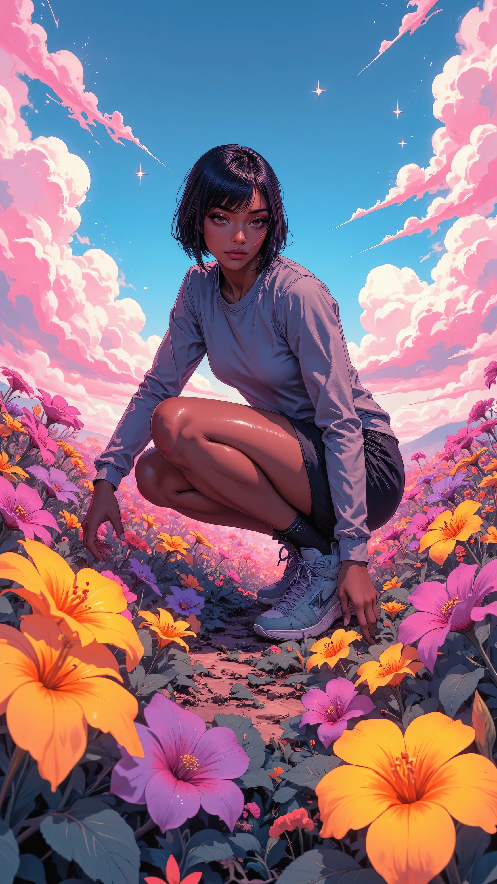 A woman kneeling in a field of flowers with a sky background - SeaArt AI