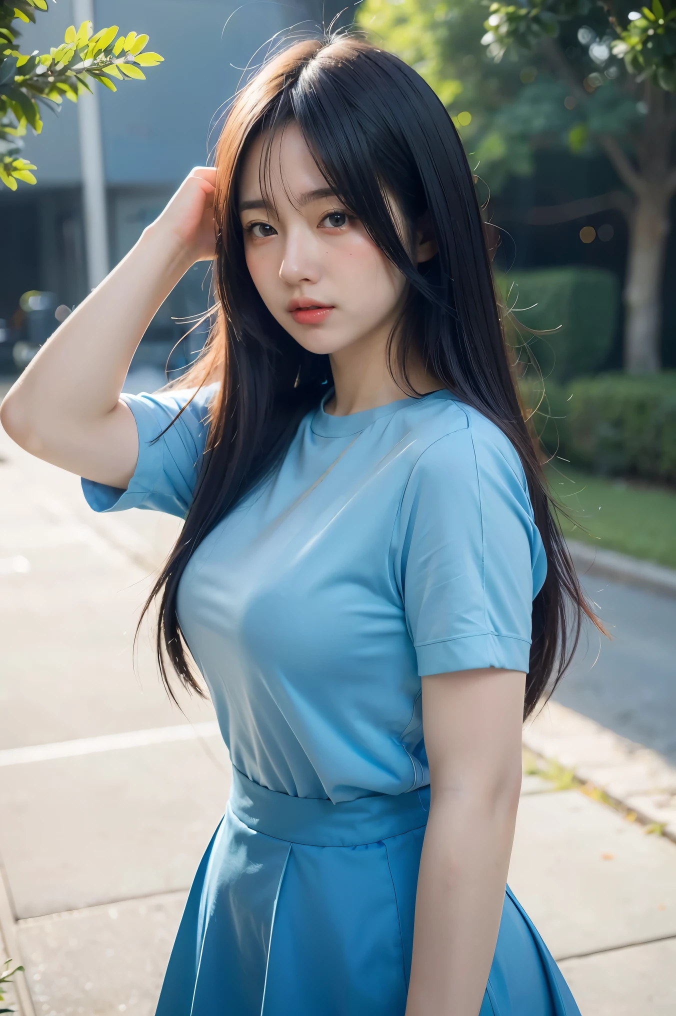 anime girl with long hair and a blue shirt posing for a picture, realistic anime 3 d style, 3 d anime realistic, photorealistic anime, photorealistic anime girl render, smooth anime cg art, anime styled 3d, realistic anime artstyle, anime realism style, anime style. 8k, realistic young anime girl, render of a cute 3d anime girl
