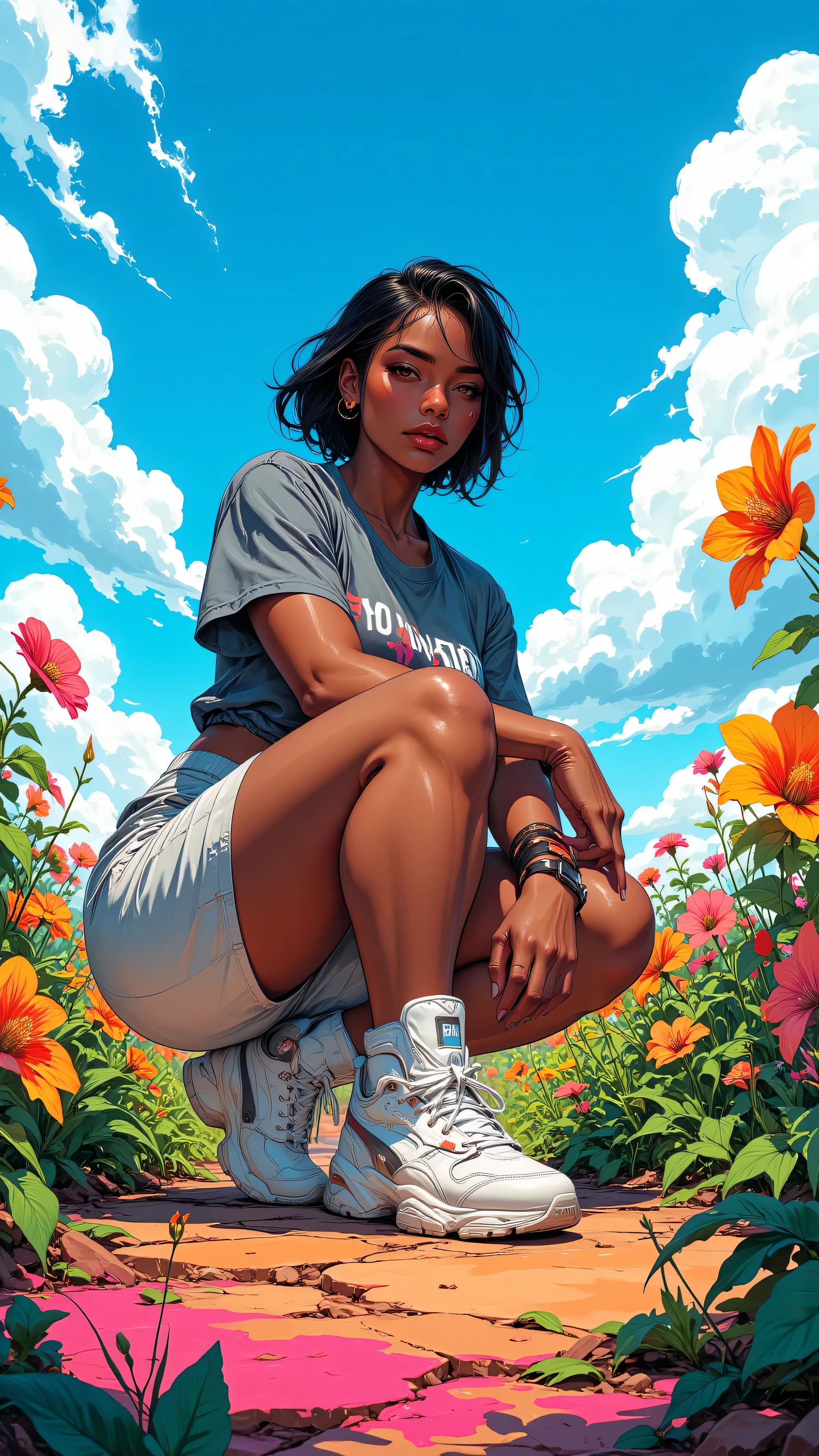 8k, Masterpiece, Top Quality, Low angle, woman, confident, dark skin, short hair, gray top, short shorts, squatting pose, Puma sneakers, vibrant, cartoonish flowers, playful plants, blue sky, clouds, bold outlines, bright colors, dynamic, energetic.