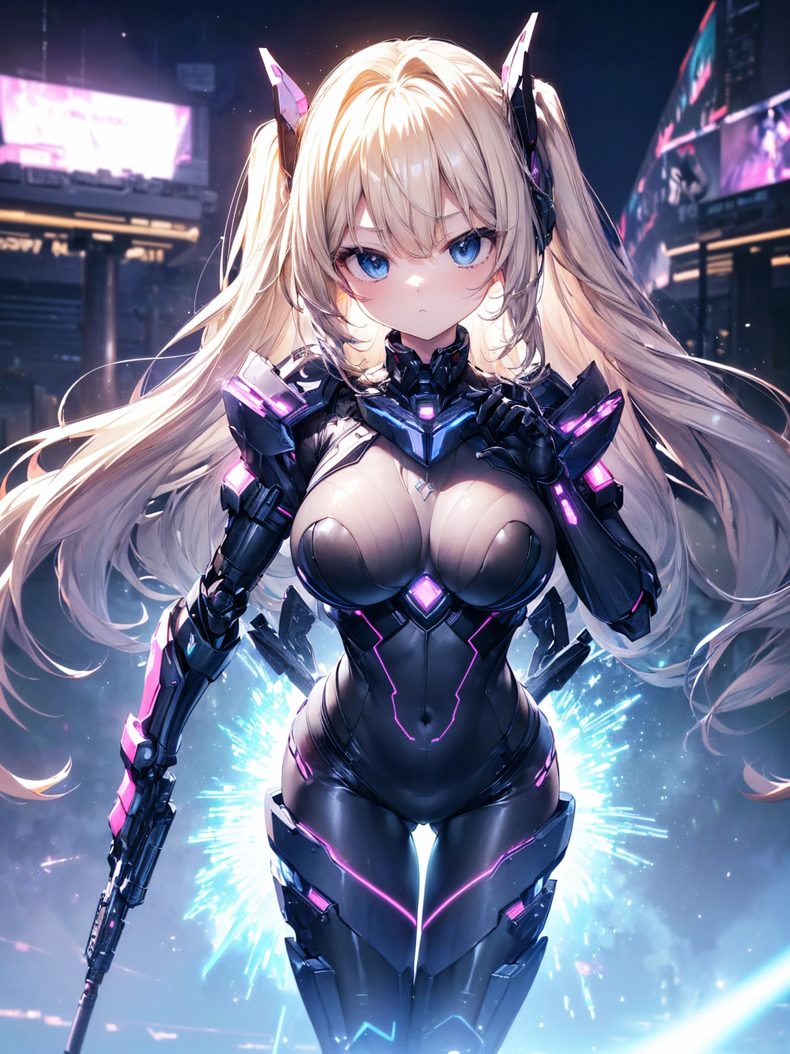 masterpiece,highest quality,(Super detailed),Perfect lighting, Extremely detailed CG,Very detailed,(Very detailedな目,Very cute face,Very detailedな顔:1.3),Beautiful Anime Girls,(Solo Girl),(Super huge boobs:1.6),(Sensual,glamorous:1.6),(blonde,shoulder-length medium hair,Twin Blade,Let your hair hang forward:1.5),(Big bright blue eyes),(Very happy smile,Please open your mouth wide),break,(Cyberpunk Costumes,Heavy mechanical armor covering the body,Mechanical joint,Blue reactor in center of chest,headgear,Waist-mounted thrusters:1.5),Huge firearms,Holding a weapon in hand,Cyberpunk Background,Cyberpunk cityscape,Skyscraper,Neon Light,Are standing,Dynamic pose,Dynamic Angle,Cowboy Shot