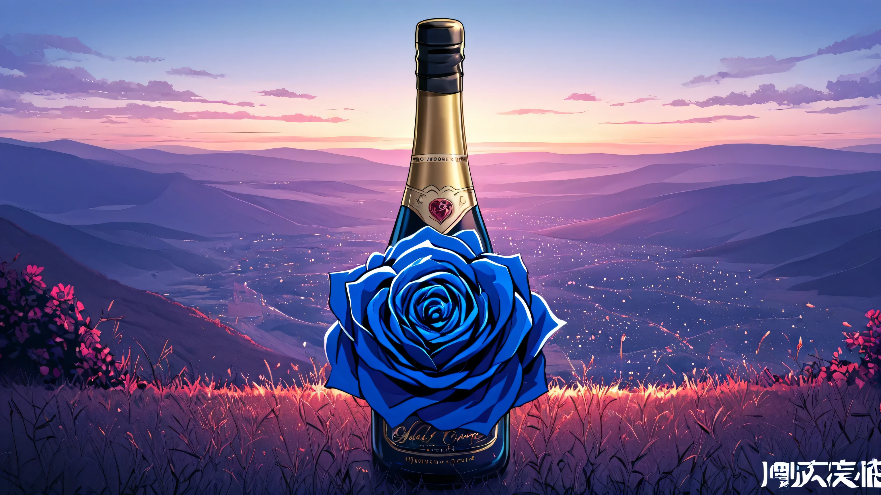 blue roses、illustration for both eyes、logo、The letters BlueRose、roses only、 champagne bottle、illustration for both eyeslogo、No people、 Landscape、Character main