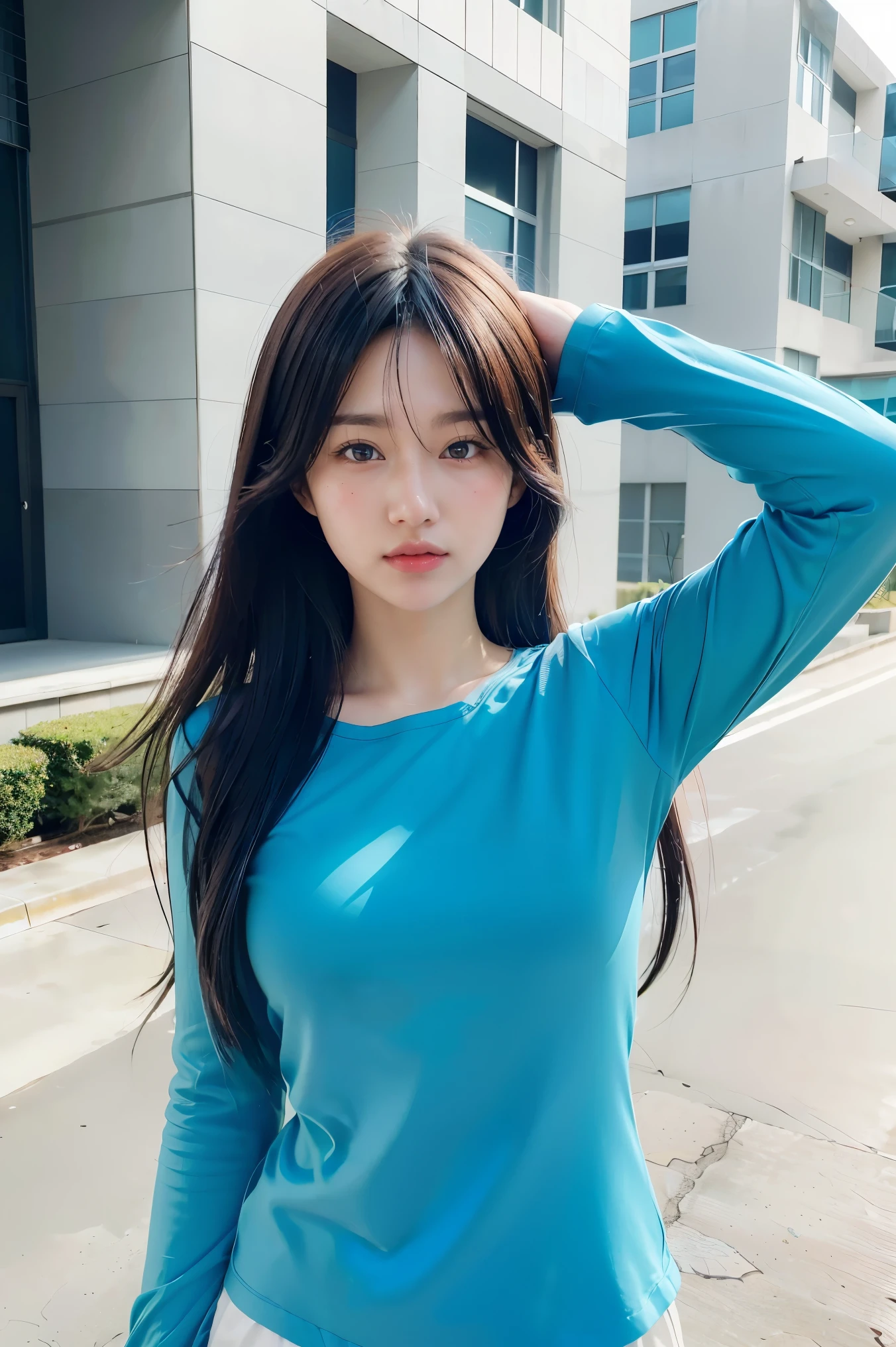 anime girl with long hair and a blue shirt posing for a picture, realistic anime 3 d style, 3 d anime realistic, photorealistic anime, photorealistic anime girl render, smooth anime cg art, anime styled 3d, realistic anime artstyle, anime realism style, anime style. 8k, realistic young anime girl, render of a cute 3d anime girl