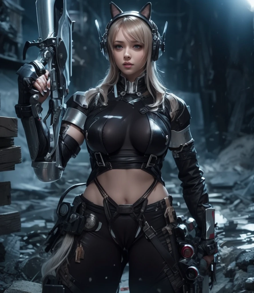 Cyborg blonde, beautiful, shooting a gun, (((maximum detail in the skin))), play of lights and shadows highlighting the character, poseapocalyptic background