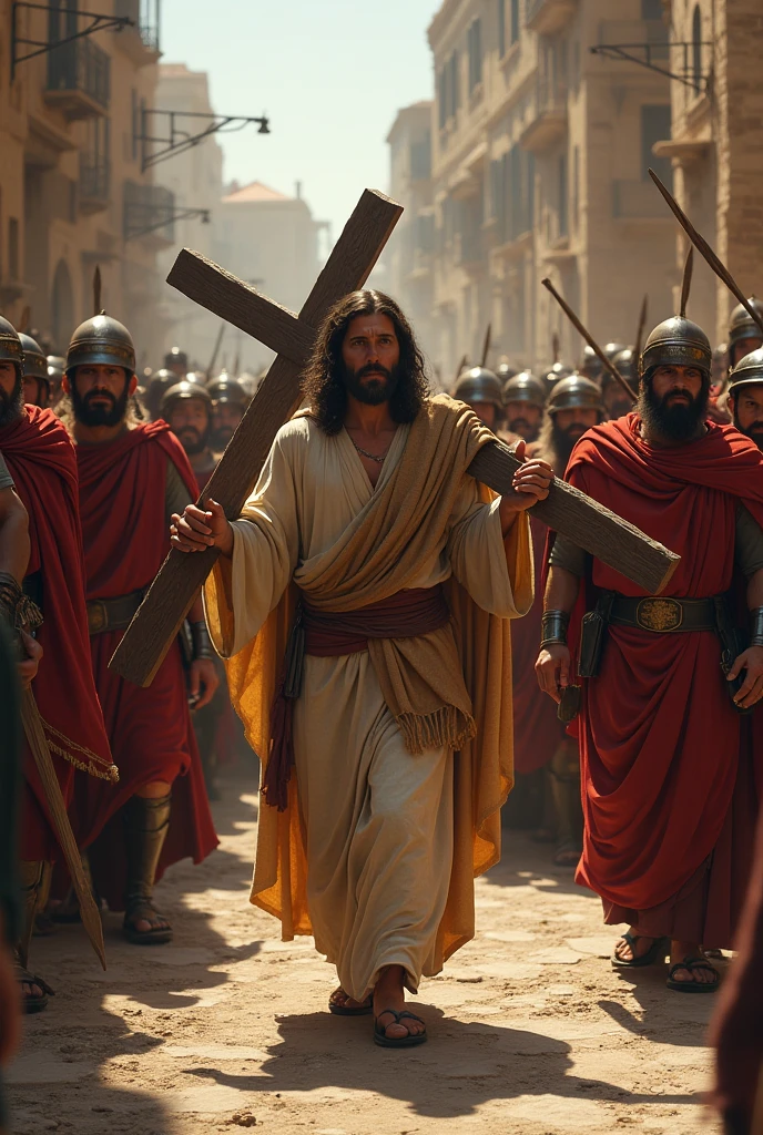 ((Best resolution:1.4)), ((high quality:1.2)), Work of art, 8k, extremely detailed, ((High detail:1.2)), cinematic photo, (Romans arresting Jesus Christ),