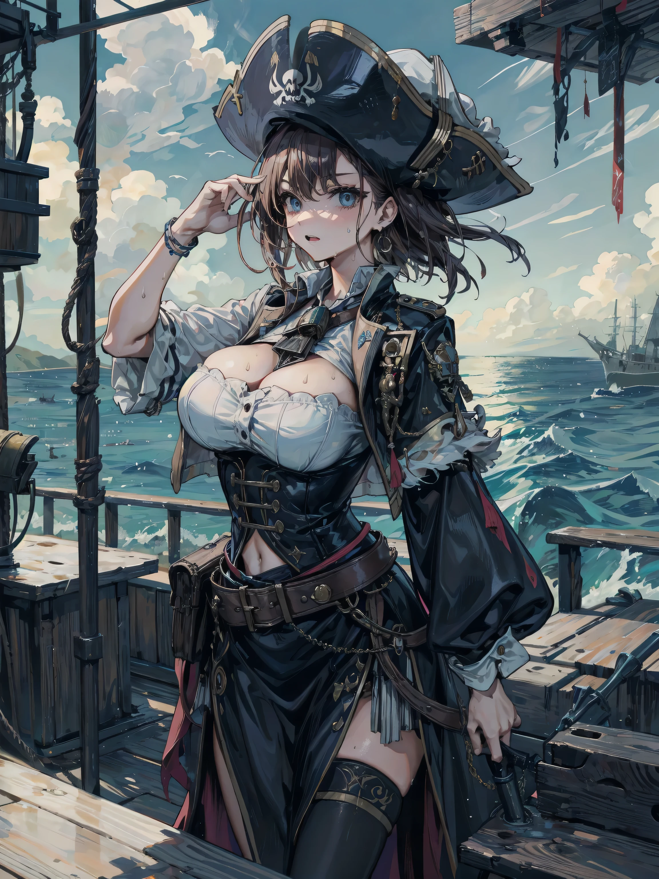 msfw, Draw me a Steampunk air pirate girl. It's a black African girl who looks like [Whitney Houston]. (Huge breasts:1.2) with deep cleavage, corset, blue eyes, steel-colored hair, lots of steampunk fiddling in her costume (copper gears, conning glasses, lots of brass parts and fancy gears). But her entire costume suggests that she is specifically a Pirate. Her headdress is a triangular pirate hat with a Jolly Roger (skull and bones:1.3) The only natural detail of her costume is a (white daisy:1.2) stuck in the lapel of her camisole. She stands on the deck of a fictional steampunk aircraft that soars high in the sky, and gazes into the distance. Her face displays calmness, determination. There is a thunderstorm raging all around, wind, rain, downpour, rain, bad weather, thick storm clouds. Outlandish steampunk aerostats fly in the sky. In the distance, almost on the horizon, the ruins of a ruined metropolis are smoking, 8k, volumetric light, intricate details, particles,