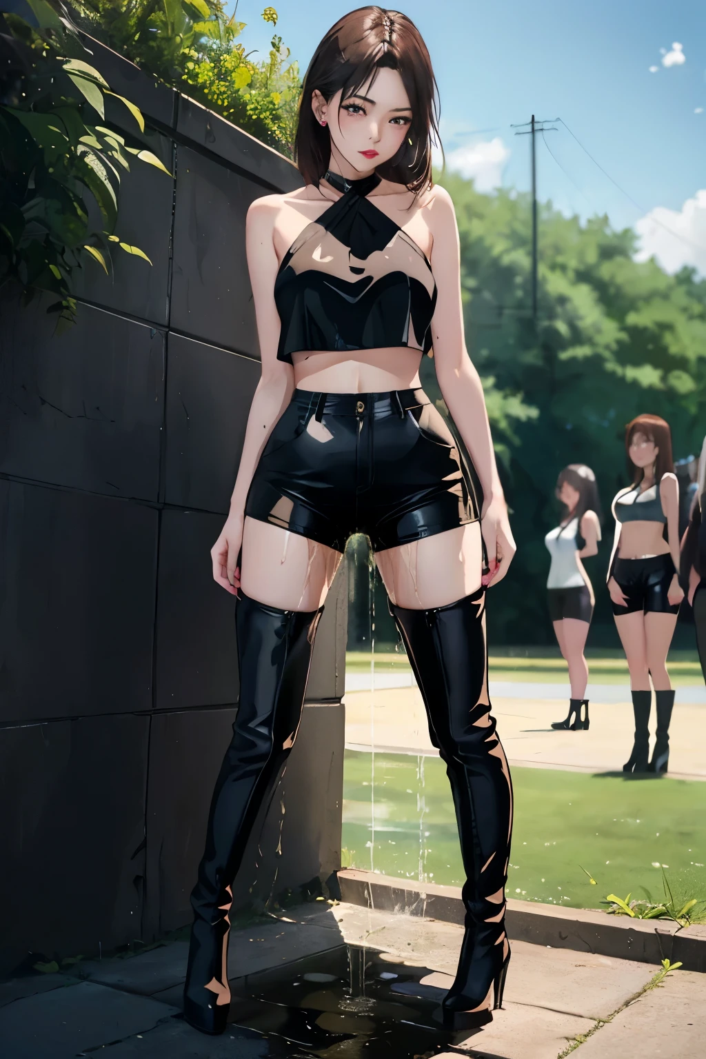 anime, best quality, high quality, highres, beautiful women, high detail, good lighting, lewd, hentai, (((bike shorts))), (leather halter top), (bare midriff), (cameltoe), (((leather thigh high heel boots))), (wet shorts), (((wetting herself))), (((peeing herself))), (((peeing self))), (pee streaming down legs), peeing stain, (puddle), (thick thighs), nice long legs, lipstick, detailed face, pretty face, humiliated, embarrassed, ((outdoors waiting for bathroom with line of women in queue)), hihelz