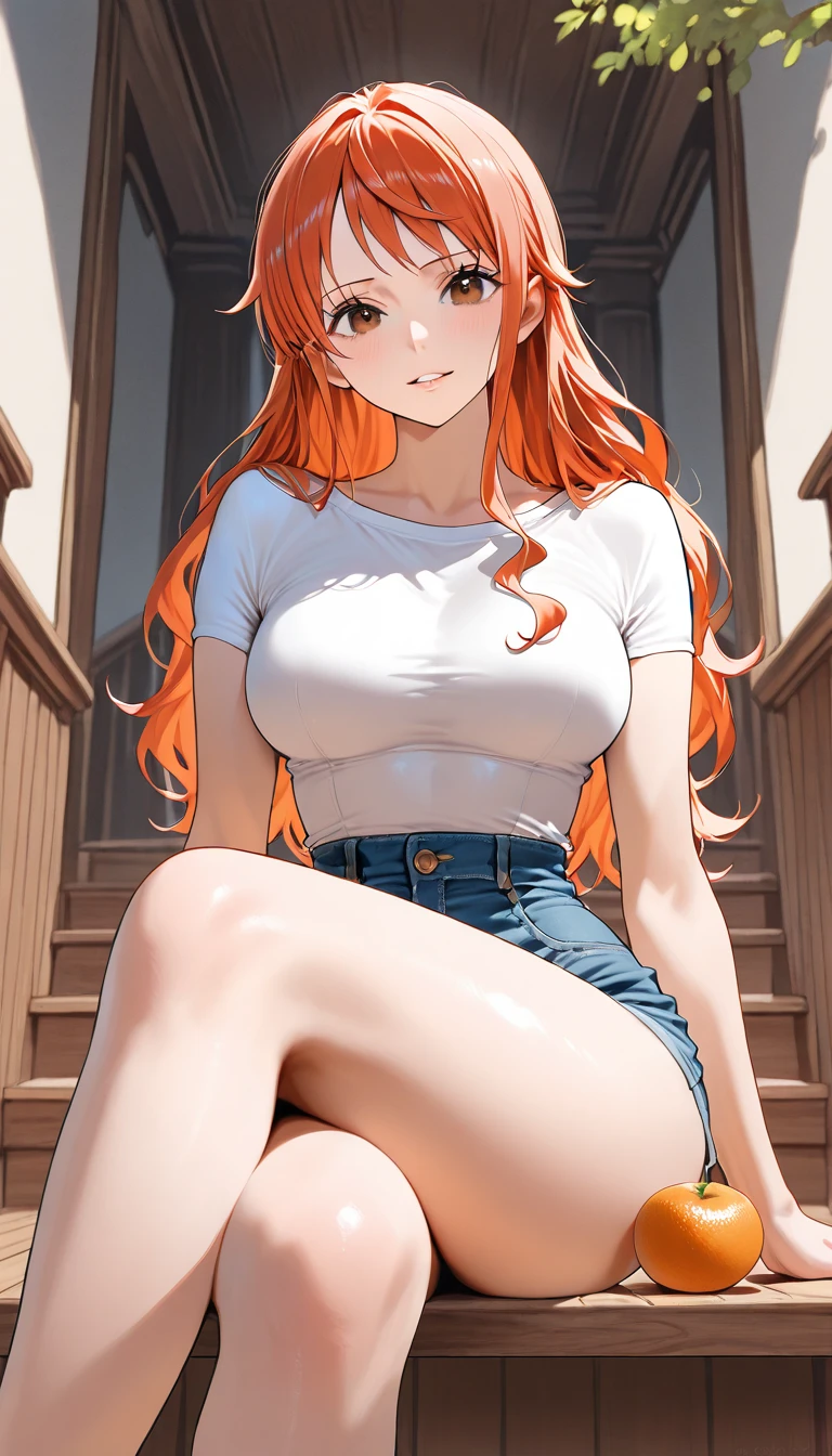 masterpiece, top quality, High resolution, Scarlett johansen, Red hair, jeans negros, Cream sleeveless turtleneck shirt, beautiful woman, Whole body, Very long wavy hair, Glossy, hits, side sweep, seductive eyes, almond shaped,
