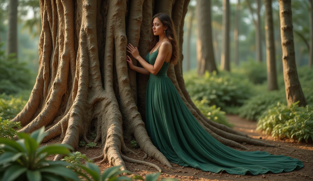 (a giant tree), micro-woman, tiny-woman, mini-woman and a giant tree, thick body, long wavy hair, thick thighs, wide hips, photo studio, sitting on a stone, tight elegant maroon dress