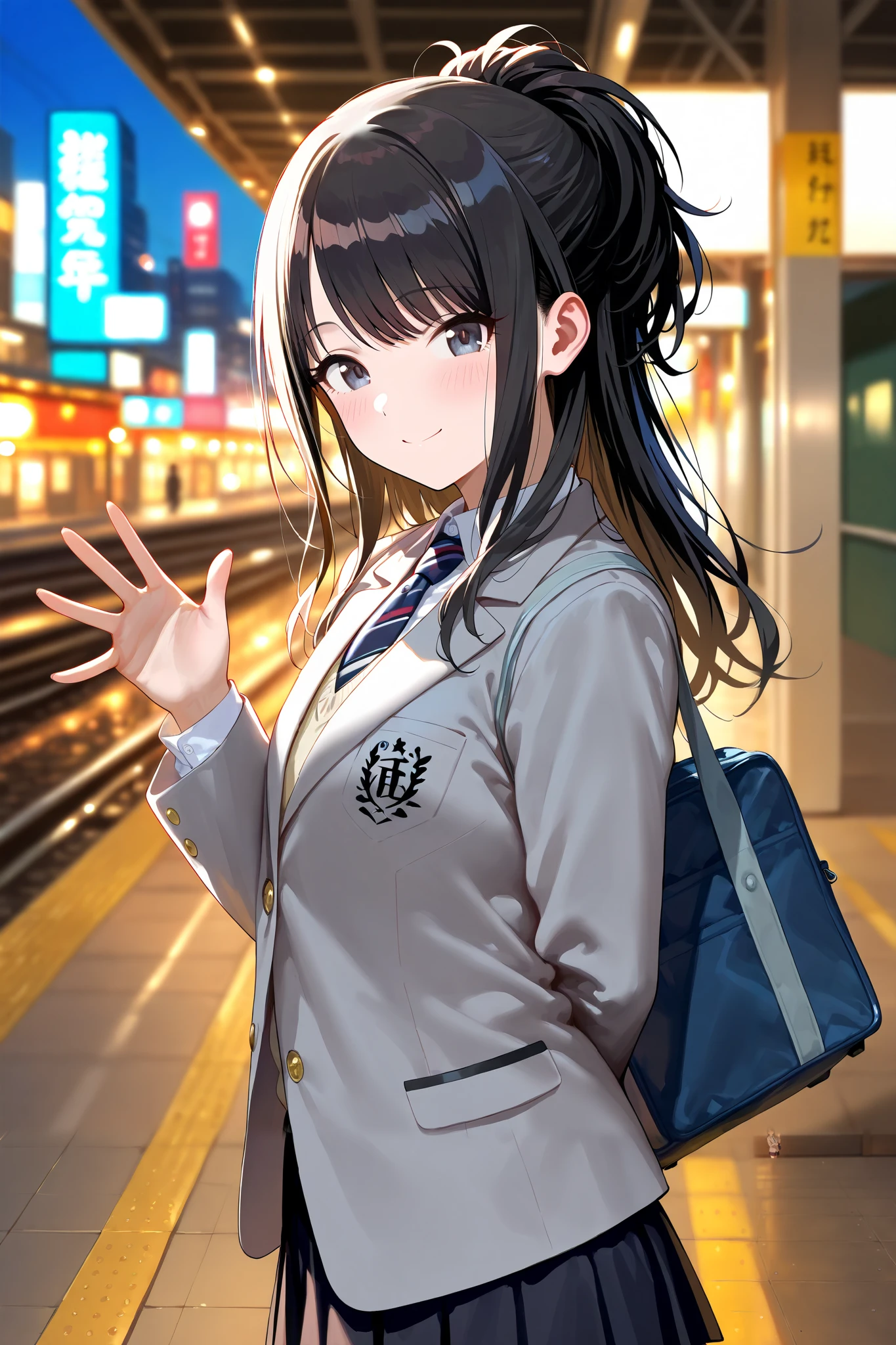 (masterpiece), (Highest quality), (Very detailed), (The best shape), (Best Shadow), (Absurd), (Detailed Background), (so beautiful), Shiny, Beautiful eyes in every detail, Extraordinary, Countershading, 8k, 32K, High resolution, Very Detailed CG ,
Score_9, Score_8_up, Score_7_up, Source_anime,
(Pastel painting:1.2), (Watercolor painting:1.2),
(Masterpiece, Detailed:1.2), (Foreshortening:1.2),
Cinematic, Dramatic, (depth of field:1.4),
(blurry background:1.4), (Realistic background:1.4), dynamic angle, from side,
1girl, solo,
Japan, Big city station, Platform, evening,
Kazano Hiori,
the idolmaster shiny colors,
hiori kazano, ponytail, black hair, black eyes,
(school uniform:1.3), school bag,
White collar, tie, black tie, Stripes tie, gray tie,
(cardigan:0.9), Inner cardigan, linen cardigan,
blazer, (gray blazer:1.2), long sleeves blazer, (Button-up her blazer:1.5), (buttoned all the way up:1.4),
skirt, closed jacket, plaids skirt, black skirt,
(Blush:1.2),
portrait,
looking back,
focus on face,
looking at viewer,
smile, happy,
Waving her hand slightly,
Realistic skin,
Shiny skin,