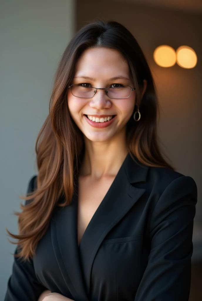a beautiful picture of jeannieMXR ,detailed skin texture,masterpiece, photorealistic, woman, glasses, RAW color photo,(fully in frame:1.1), (blush:0.5), (goosebumps:0.5), smiling, outdoors,park,wearing a black leather dress with gloves