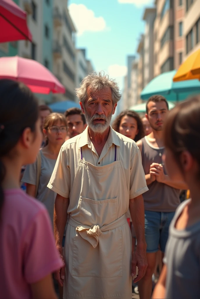 A 12-year-old girl with long hair stealing bread from a store and a gentleman wanting to hit her