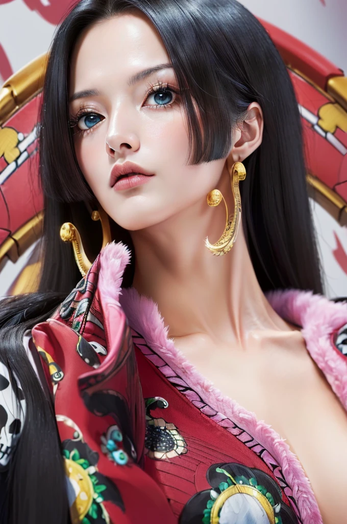 (((masterpiece+best quality+high resolution+ultra-detailed))), boa hancock, long silky black hair, high nose, sharp eyes, noble and inviolable temperament, (([female]: 1.2 + [beauty]: 1.2 + black long hair: 1.2)), snake_skull background, bright eyes, dynamic angle and posture.