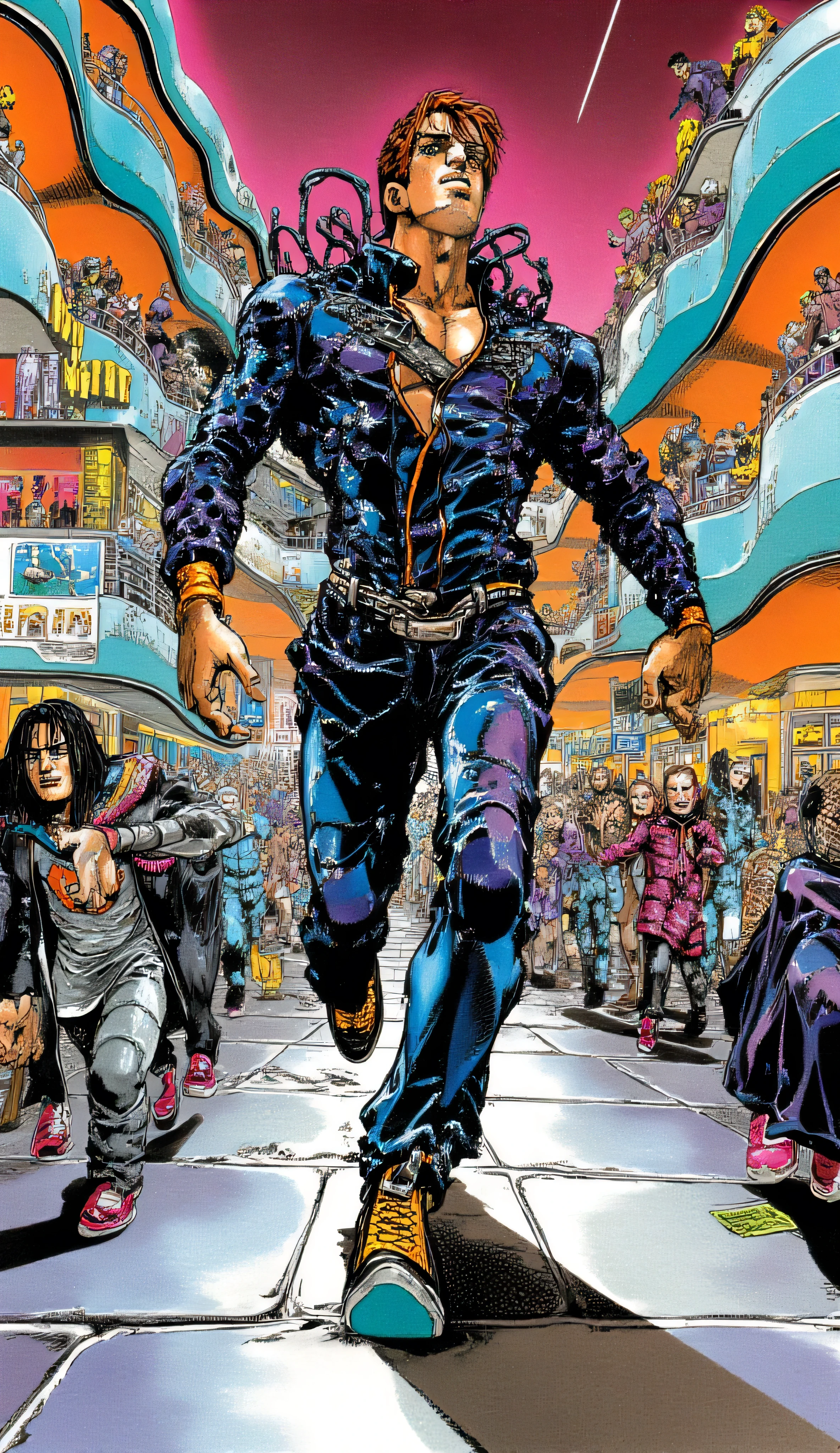 Robert Patrick as T-1001, Chjasing after John Connor at a crowd Shopping Mall. Horror style Classic 90's Manga visuals