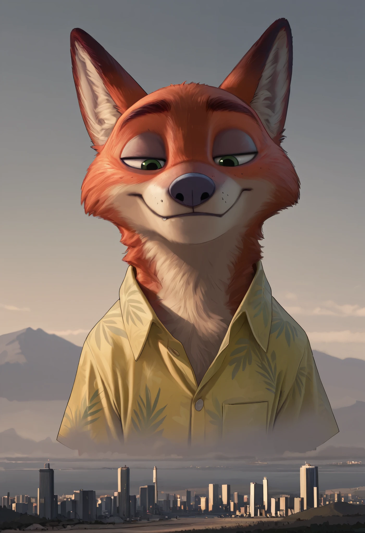 Masterpiece ,best quality,amazing quality,
solo, a male, male, Nick Wilde, Zootopia , khaki shirts, green Hawaiian shirt, rises in the mountains, lies, macro, giga-sized, Giant, high face detail, high body detail, 4k quality