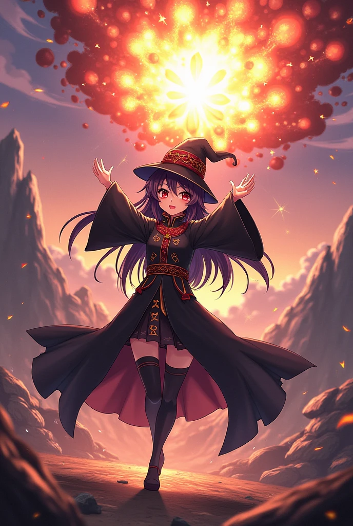 1girl, black hair, red eyes, fire witch, blood, light particles, light rays, wallpaper, high contrast, colorful,