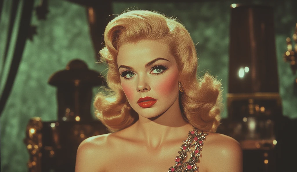 HYBRID FACE BETWEEN ANITA EKBERG AND AVA GARDNER , BUST IMAGE STYLE, STUDIO IMAGE STYLE, DIFFUSED LIGHTS ON FACE, STRONG BACK LIGHTS, CLOSE FACE SHOT, LIGHT BLONDE HAIR, BUN HAIR STYLE, VERY VOLUMOUS, HUGE STRAIGHT HAIR, VERY LIGHT BLONDE HAIR, VERY PALE SKY, HIGH CHEEKBONES, ROSY CHEEKS, GORGEOUS LIPS, SOFT LIPSTICK, FREE COLLAR BODY REGION, VOLUMOUS BREASTS, STRAPLESS CLEAVAGE, ENIGMATIC FACE EXPRESSION, HIGH QUALITY IMAGE, MASTERPIECE, 8K
