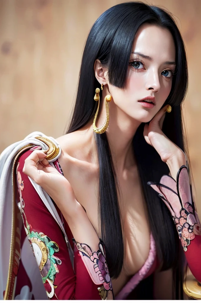 (((masterpiece+best quality+high resolution+ultra-detailed))), boa hancock, snake_skull, long silky black hair, high nose, sharp eyes, noble and inviolable temperament, (([female]: 1.2 + [beauty]: 1.2 + black long hair: 1.2)), snake background, bright eyes, dynamic angle and posture.