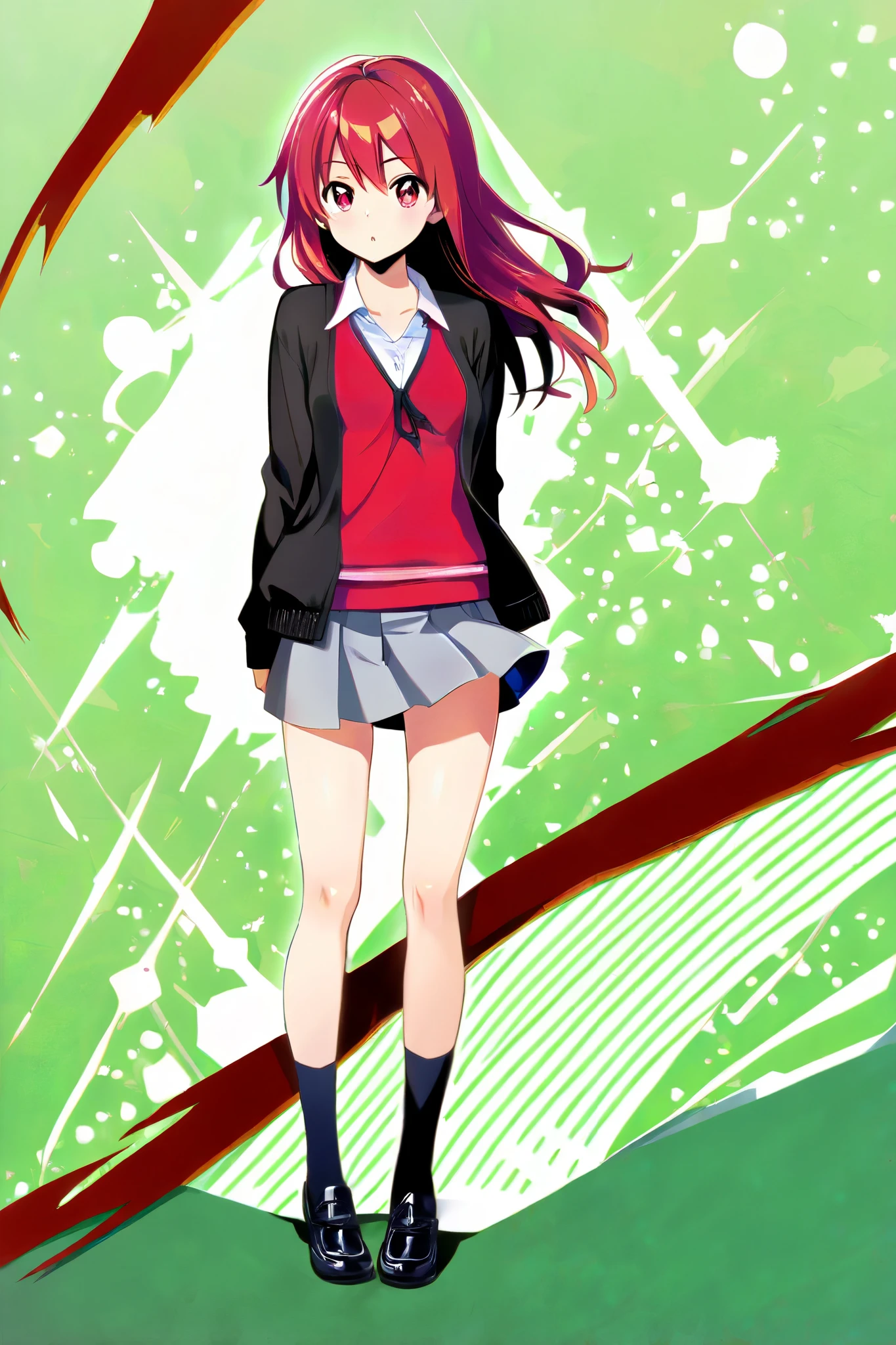 1giral,red hair,red eye,full body,green background,medium long hair,ager,standing,cardigan,slim,skirt
