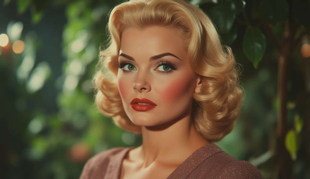 Lana Turner in a bush with lipstick completely naked and smiling