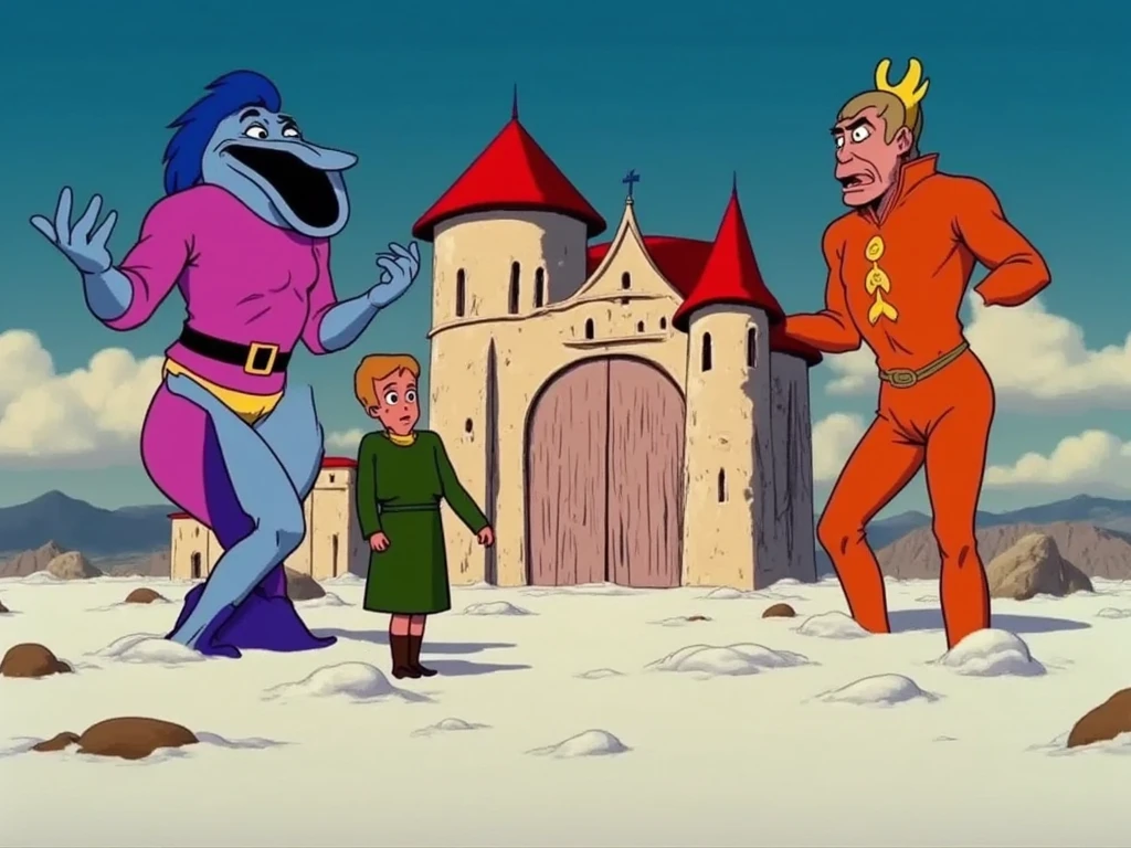 Yoink of the Yukon, Canadian hellscape, The princess is in another murican castle, film screengrab, minimal, serene, perfect, strange, candid, cinematic, realism, photographed, timeless, lost in space, liminal, blank canvas, abstract, nuanced, clearly 1990s TV cartoon distinct