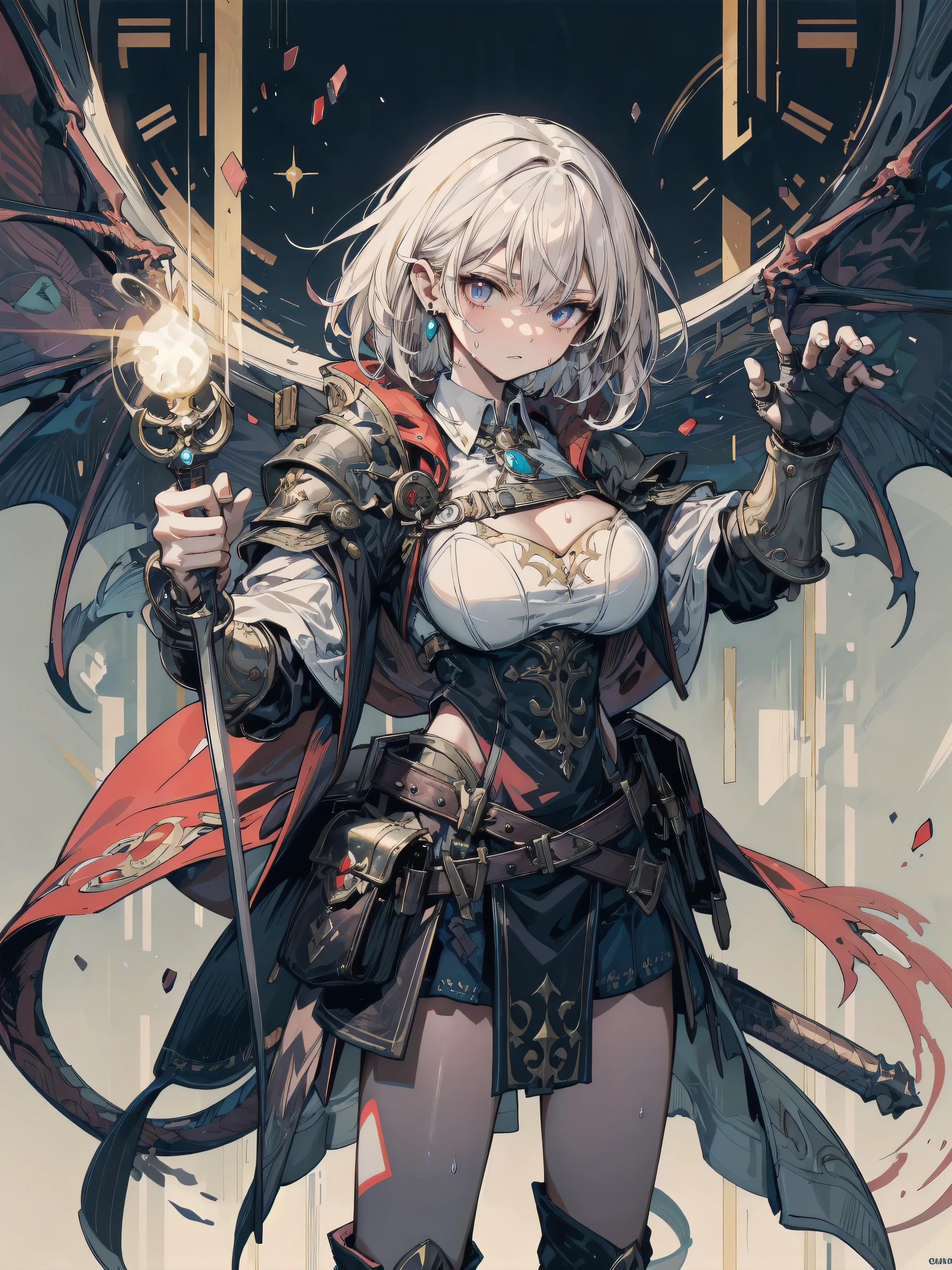 (Masterpiece, top quality), (fine hair), super detailed, anime style, solo, full body, cyberpunk gang girl, massive, white with yellow mixed with very short hair, gold eyes, right hand modified into a fearsome claw called the Claws of Horus. Left hand is a bare fist, fanged mask, black formal suits with gold trim, judo black belt, wolf fur shoulder guard and wolf fur cape, long boots, supernatural lightning, white background, full body standing, standing on desolate earth.
