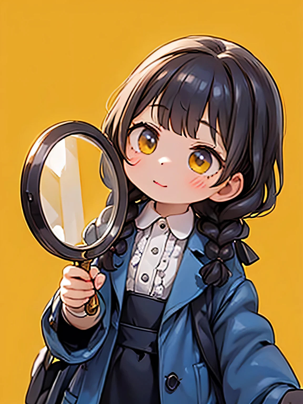 one dark-haired girl with braids、Girl with full bang hair、 yellow eyes、Detective costume、Sherlock Holmes、I have a magnifying glass in my hand, solid color background