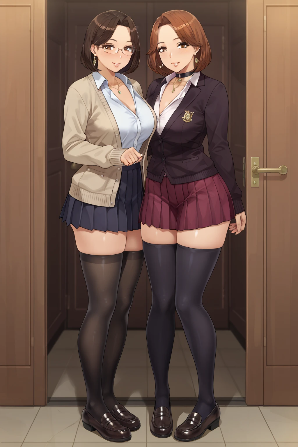 ((2 girls))、(smile:1.5)、(blush)、shirt、blouse、((fun))、chiralism、(small breasts)、black hair、(single braid)、(highlight on eyes:1.3)、blake black footwear,(黒いskirt)、bow, button, 襟の付いたshirt, long sleeve,  ((red bow tie, , black jacket, open jacket, brown cardigan, 白のshirt, 黒のskirt, チェック柄のskirt、white socks)),, shirtを,, skirt, socks, thighs, 白い shirt, rest indoors, ((classroom:1.5))、 BREAK Looking at the viewer、(skirtを掴む:1.0)、 (perfect hands, perfect anatomy),cowboy shot、(skirt lift:1.3), (pull panties)、((shaved pussy:1.5))、(skirt that rolls up:1.3)、(Highly detailed labia fully exposed:1.5)、(Photo seen from below)、