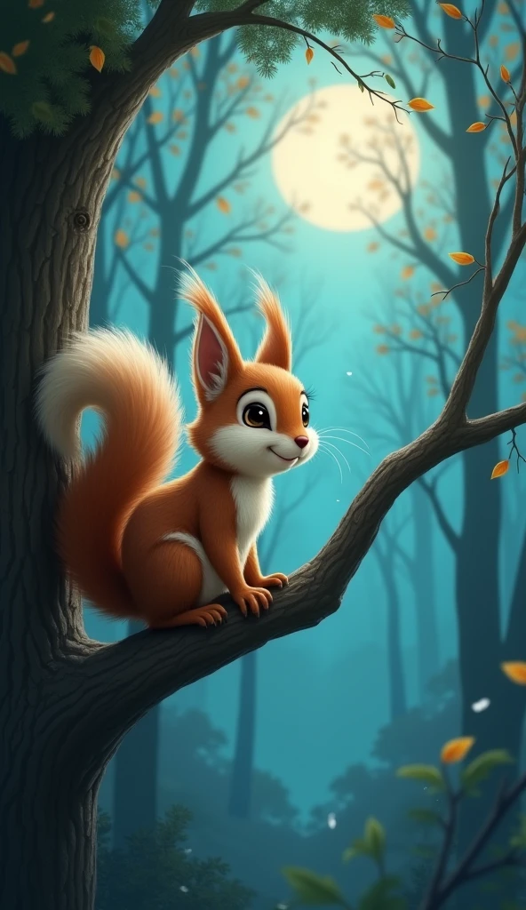 "A cute squirrel with soft brown and cream fur sitting on a high branch, gazing at a magical forest illuminated by the moonlight. Its big eyes sparkle with curiosity."
