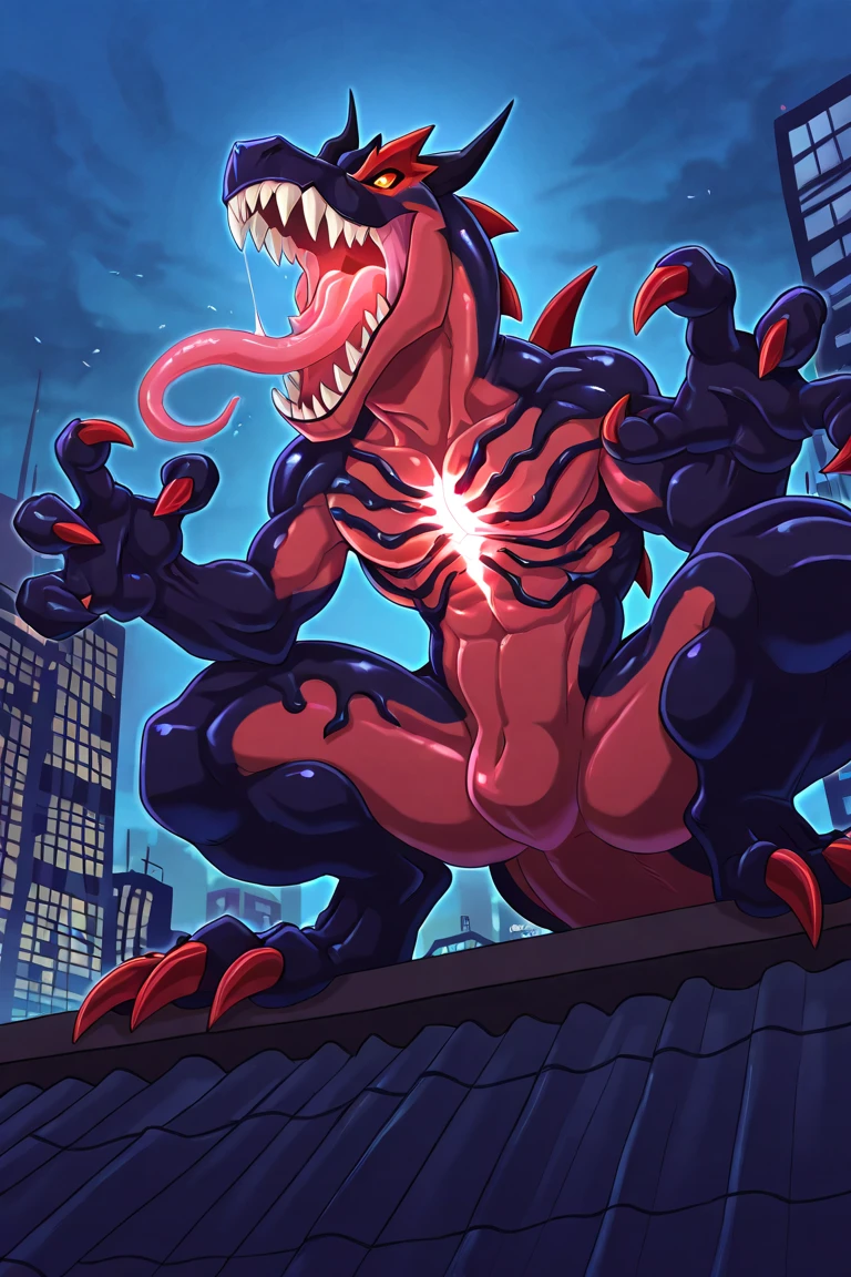 women, red head, night, (mouth open), (teeth), snowy city, small breasts, fangs, glowing red eyes, pigtails, demonic bodysuit, ((visible ribcage)), demonic clawed gauntlet, digitigrade legs, ((drooling)), furry tail