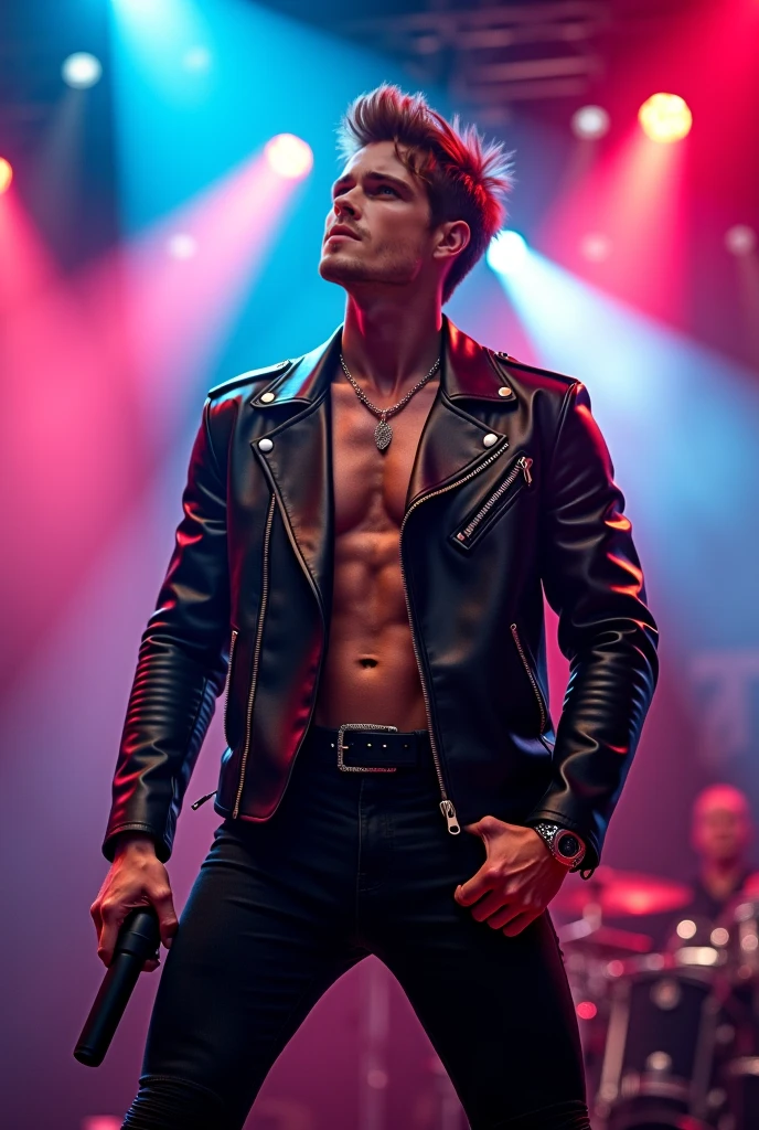 Tattooed male model shaved head , pointy mustache, soul pach, tall, slim fit, punk rock, leather jacket, leather pants, at the rock show