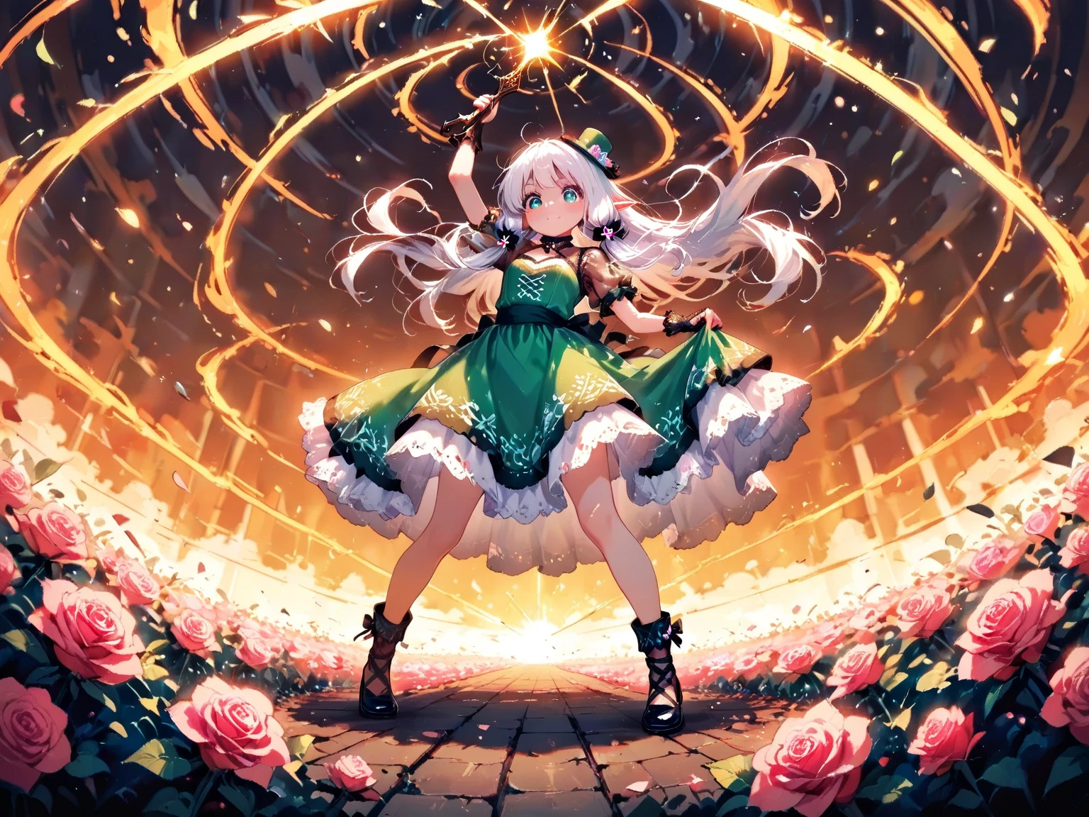 score_9, score_8_up, score_7_up, UHD, Masterpiece, amazing quality, very aesthetic, absurdres, ultra-detailed, BREAK, 1girl\solo\(hamuko-chan, elf, silver bob cut:1.3,  mini hat\pink rose\lace, Intricate:1.3\Green leaf dress\frill, lace),  BREAK, (riding a magical broomstick through the sky in a dynamic and joyful pose,
legs stretched forward enthusiastically as she soars through the air, expressing excitement and freedom,), BREAK, soft magical particles and light sparkles surrounding her, enhancing the sense of movement and joy, BREAK, background with subtle fantasy elements that complement the green dress, soft gradient lighting, vibrant colors, perfect , graceful and energetic pose, cinematic lighting with rim light highlighting the edges of the character and dress), BREAK, BREAK, dynamic angle:1.5, panorama:1.2, cinematic:1.3, atmosphere of discovery and wonder, illustrious art style, cinematic and immersive scene, low angle, 