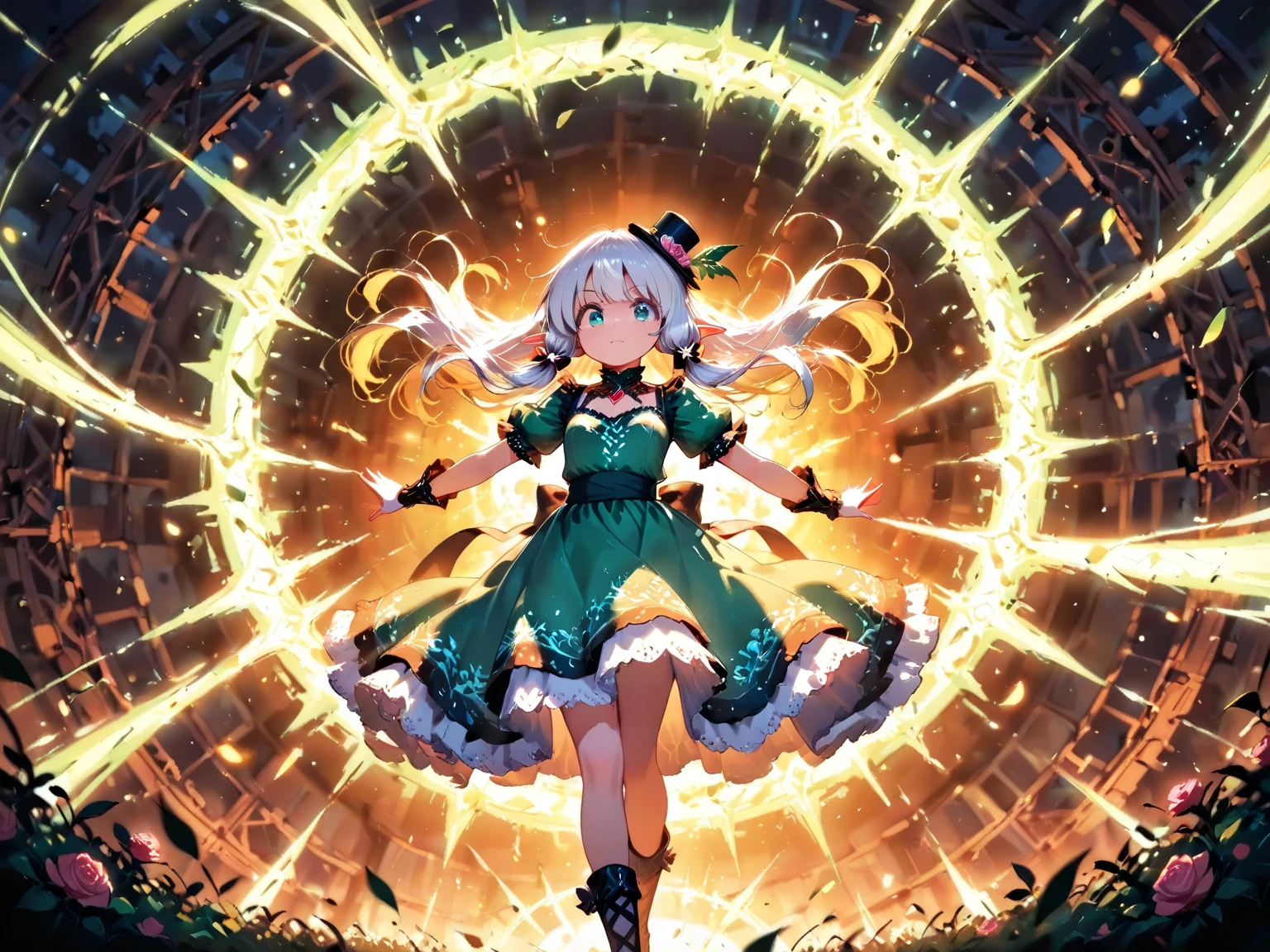 score_9, score_8_up, score_7_up, UHD, Masterpiece, amazing quality, very aesthetic, absurdres, ultra-detailed, BREAK, 1girl\solo\(hamuko-chan, elf, silver bob cut:1.3,  mini hat\pink rose\lace, Intricate:1.3\Green leaf dress\frill, lace),  BREAK, (riding a magical broomstick through the sky in a dynamic and joyful pose,
legs stretched forward enthusiastically as she soars through the air, expressing excitement and freedom,), BREAK, soft magical particles and light sparkles surrounding her, enhancing the sense of movement and joy, BREAK, background with subtle fantasy elements that complement the green dress, soft gradient lighting, vibrant colors, perfect , graceful and energetic pose, cinematic lighting with rim light highlighting the edges of the character and dress), BREAK, BREAK, dynamic angle:1.5, panorama:1.2, cinematic:1.3, atmosphere of discovery and wonder, illustrious art style, cinematic and immersive scene, low angle, 