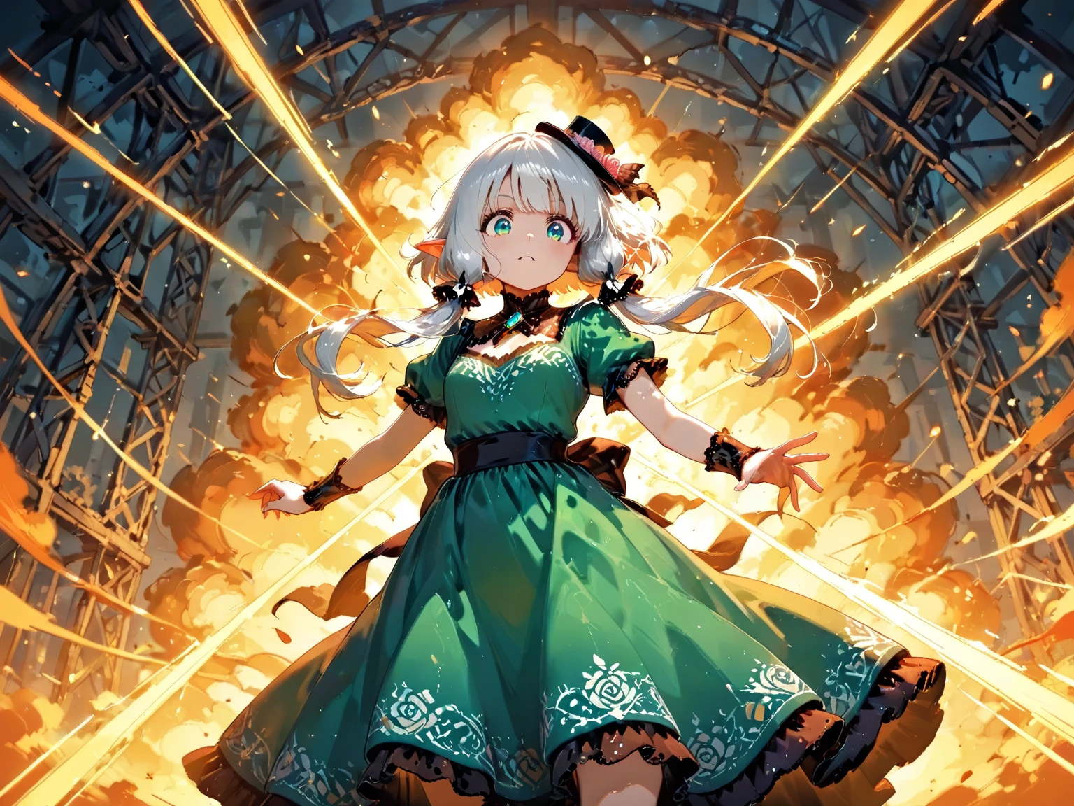 score_9, score_8_up, score_7_up, UHD, Masterpiece, amazing quality, very aesthetic, absurdres, ultra-detailed, BREAK, 1girl\solo\(hamuko-chan, elf, silver bob cut:1.3,  mini hat\pink rose\lace, Intricate:1.3\Green leaf dress\frill, lace),  BREAK, (riding a magical broomstick through the sky in a dynamic and joyful pose,
legs stretched forward enthusiastically as she soars through the air, expressing excitement and freedom,), BREAK, soft magical particles and light sparkles surrounding her, enhancing the sense of movement and joy, BREAK, background with subtle fantasy elements that complement the green dress, soft gradient lighting, vibrant colors, perfect , graceful and energetic pose, cinematic lighting with rim light highlighting the edges of the character and dress), BREAK, BREAK, dynamic angle:1.5, panorama:1.2, cinematic:1.3, atmosphere of discovery and wonder, illustrious art style, cinematic and immersive scene, low angle, 