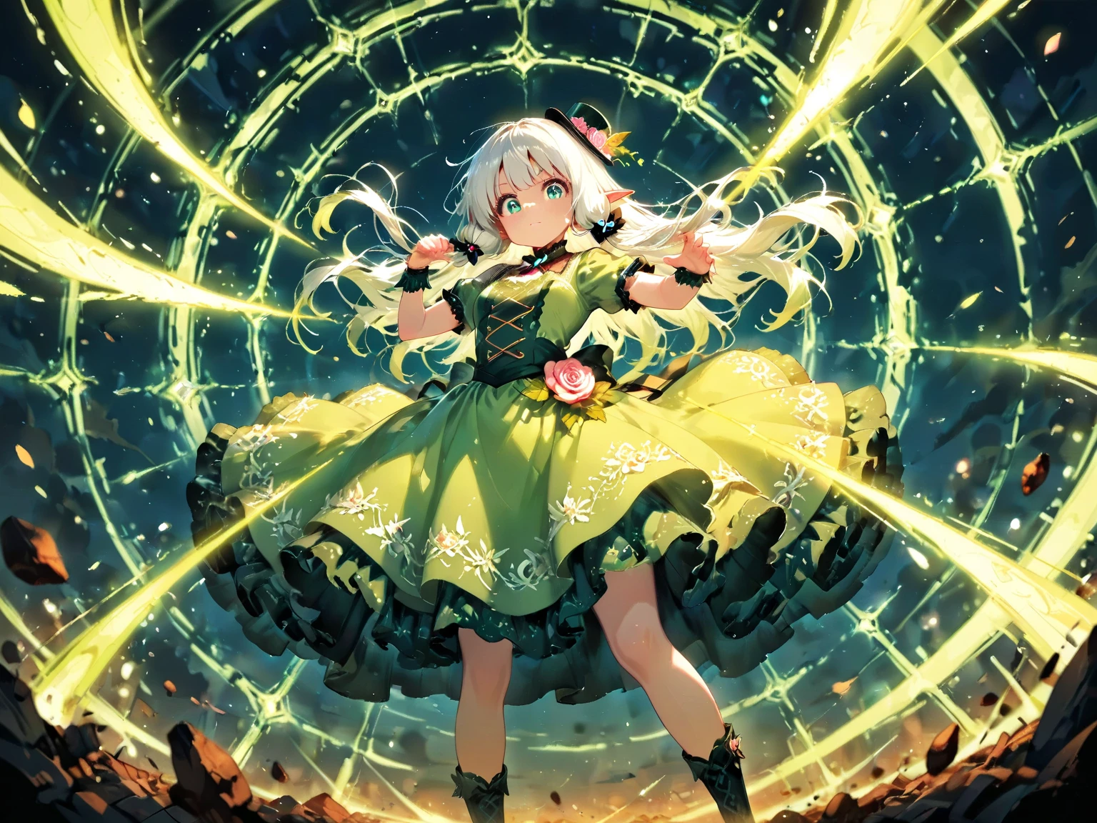 score_9, score_8_up, score_7_up, UHD, Masterpiece, amazing quality, very aesthetic, absurdres, ultra-detailed, BREAK, 1girl\solo\(hamuko-chan, elf, silver bob cut:1.3,  mini hat\pink rose\lace, Intricate:1.3\Green leaf dress\frill, lace),  BREAK, (riding a magical broomstick through the sky in a dynamic and joyful pose,
legs stretched forward enthusiastically as she soars through the air, expressing excitement and freedom,), BREAK, soft magical particles and light sparkles surrounding her, enhancing the sense of movement and joy, BREAK, background with subtle fantasy elements that complement the green dress, soft gradient lighting, vibrant colors, perfect , graceful and energetic pose, cinematic lighting with rim light highlighting the edges of the character and dress), BREAK, BREAK, dynamic angle:1.5, panorama:1.2, cinematic:1.3, atmosphere of discovery and wonder, illustrious art style, cinematic and immersive scene, low angle, 