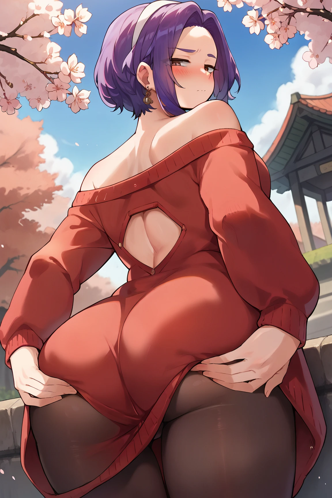 highest quality, masterpiece, (Lean on:1.4), One girl, yuzuriha_(jigokuraku), Purple Hair, Brown eyes, Ninja, Open clothes, Cleavage, Small breasts, Topknot, Medium Hair, Let go of my chest, Captivating smile, pants, Take off, (blush:1.1), Appearance of the Japan, Temple, ：(hands on own ass),(grabbing own ass),ass stretch,ass spread